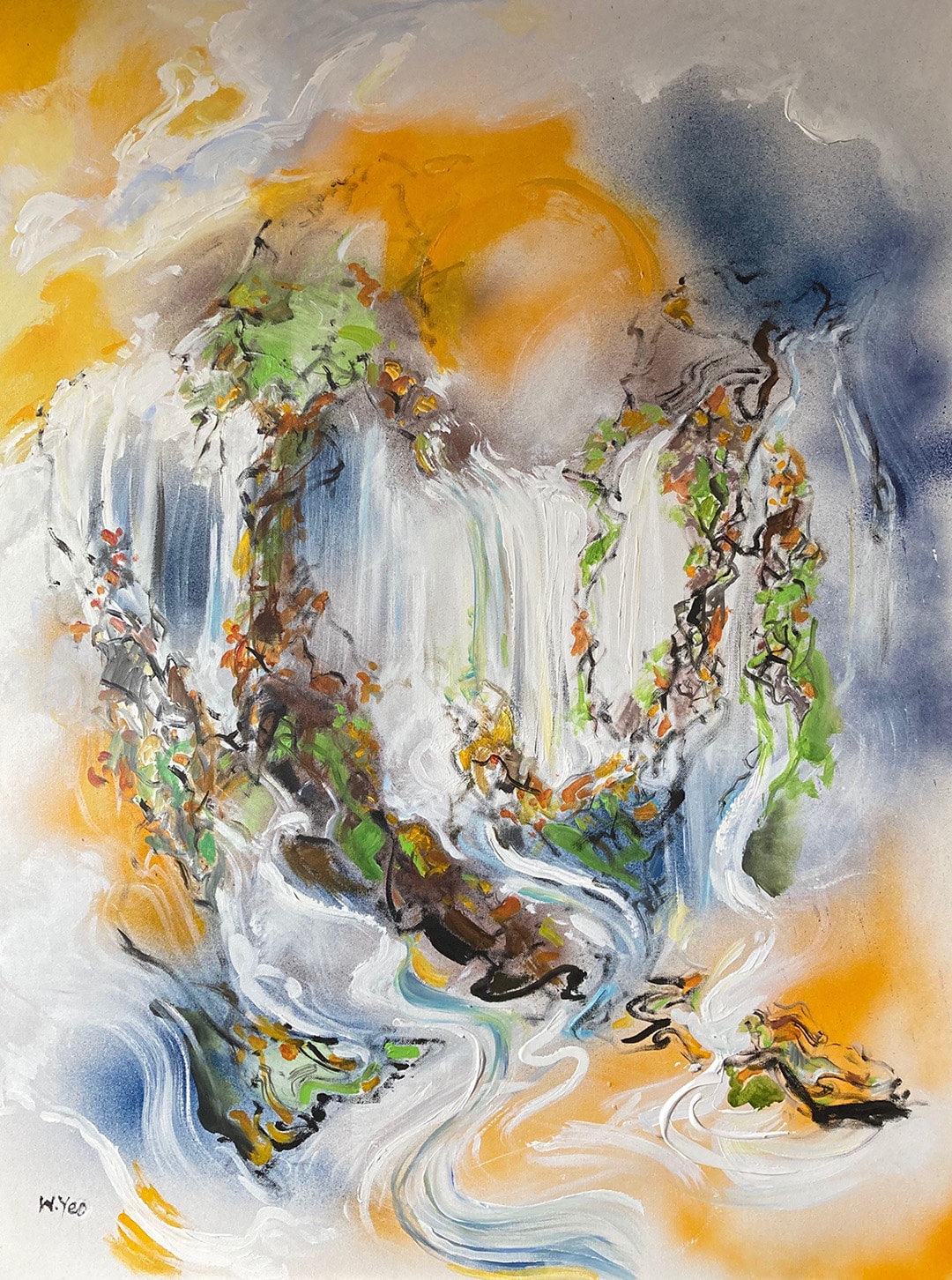 "Waterfall in Autumn Sunset" Acrylic on Canvas by Wendy Yeo
