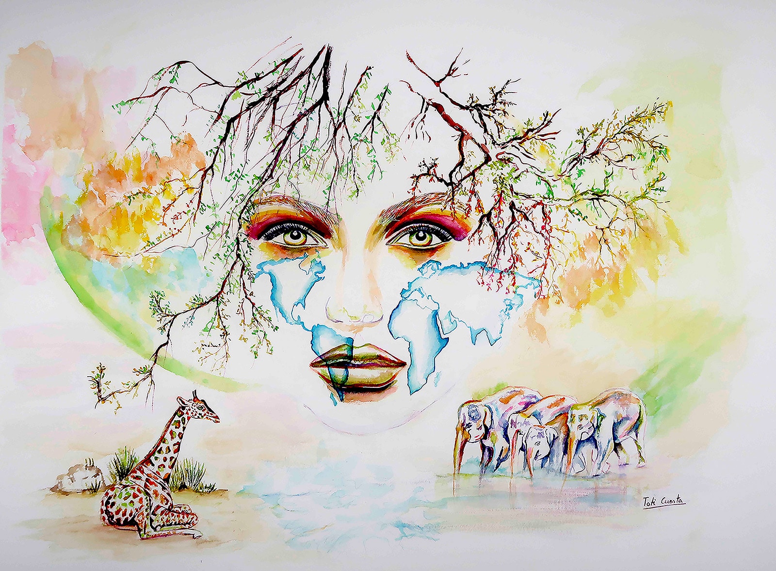 "Mother Earth" Watercolor, 56 x 76 cm by Toti Cuesta