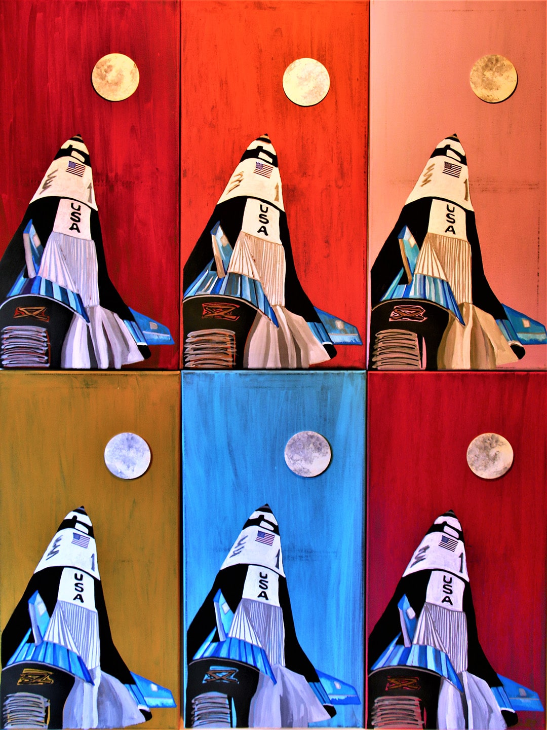 "Rockets 6 panels Apollo Mission 50th Anniversary" Mixed Media on Canvas, 36x48in by Barbara Lee Donovan