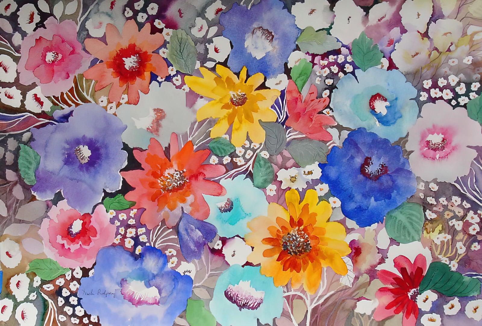 "Floral Quilt" Watercolor On 140 lbs Arches Paper.15x22in by Neela Pushparaj
