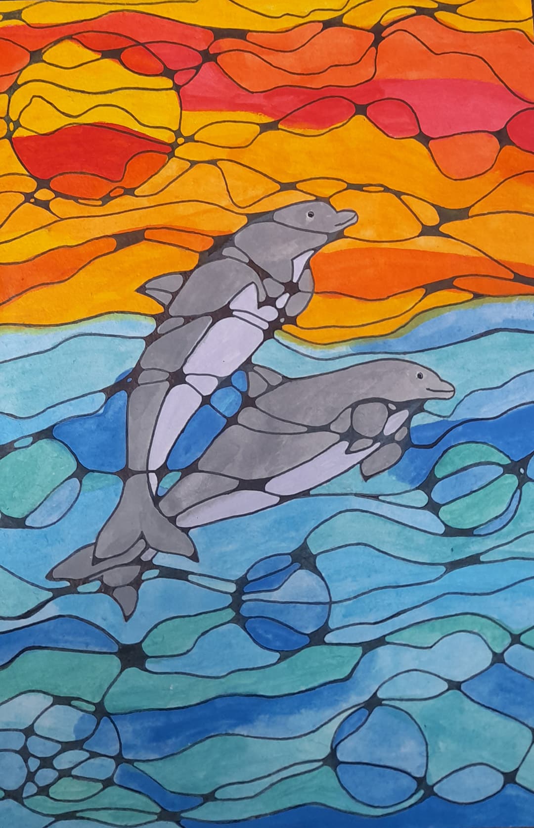 "Dolphins Twinning Under The Sun" Acrylic, Markers by Kiruthika S