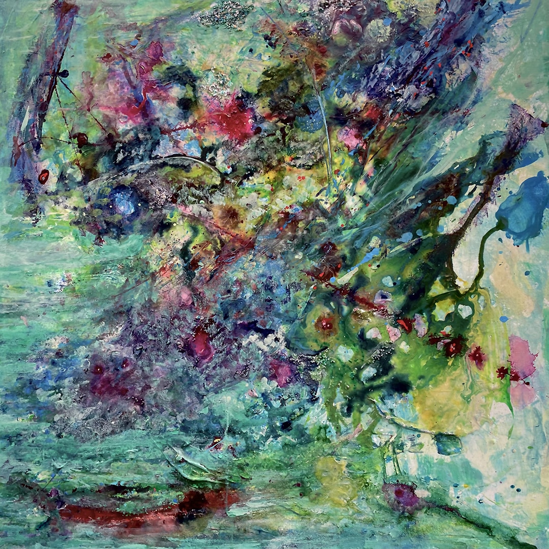 “l’ivresse des Fleurs” 2023 Mix Media on Canvas, 30”x30” by Hélène DeSerres