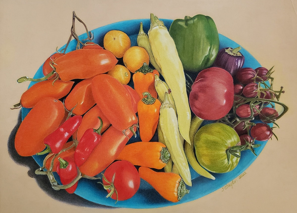 "Colorful Eats" Colored Pencil on Pastelmat, 14 x 11 by Tracey Chaykin