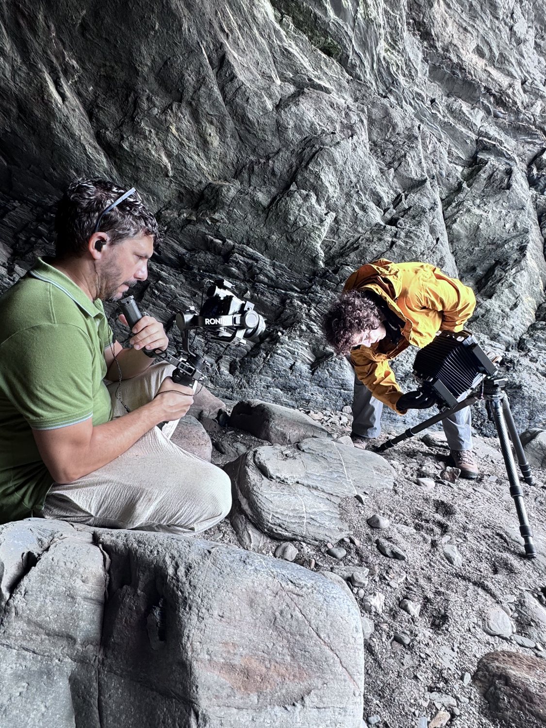 Filming amid mountain scenery