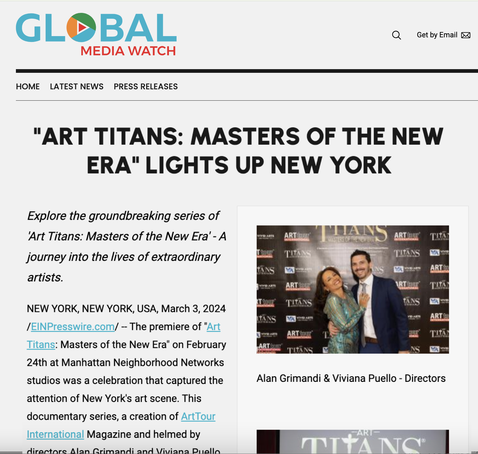 Vivid Arts Global Network | ArtTour International Art Titans press feature on Global Media Watch