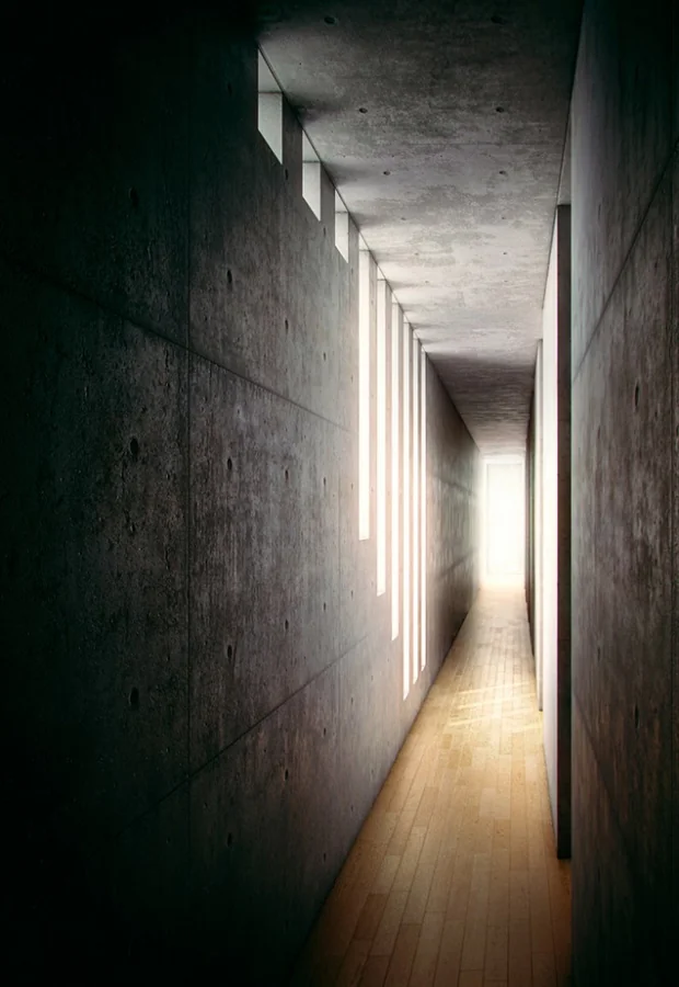 He Never Attended Architecture School. Then He Built a Church Out of Light. | ArtTour International A narrow concrete passage in the Church of the Light with slots of daylight along one wall