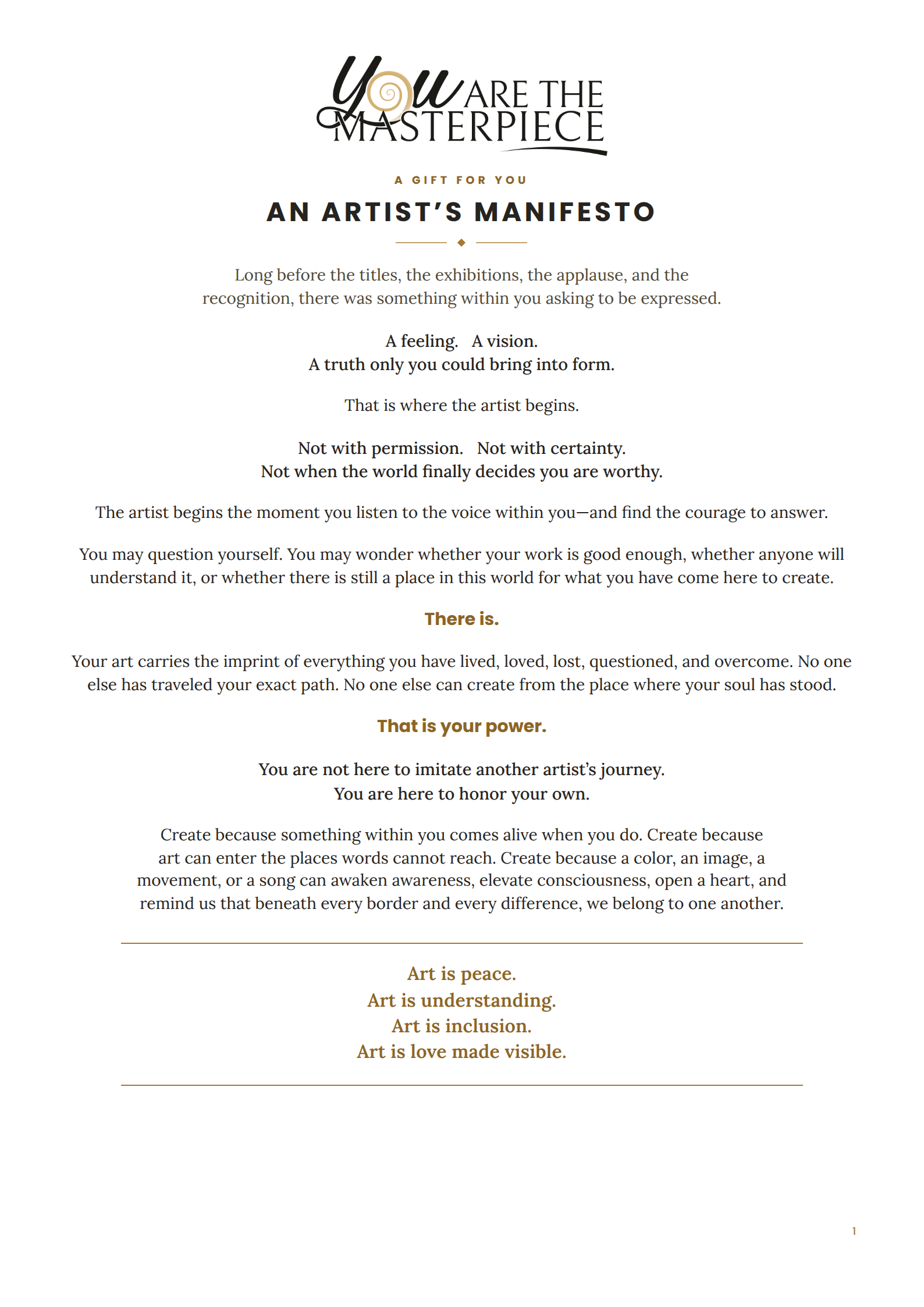You Are the Masterpiece — An Artist’s Manifesto (two-page keepsake)