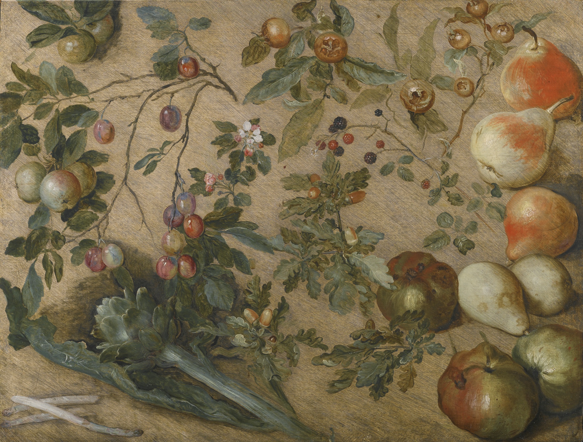 Field: featured image Circa-1590 painting by Jan Brueghel the Elder showing apples, pears, grapes and other plants