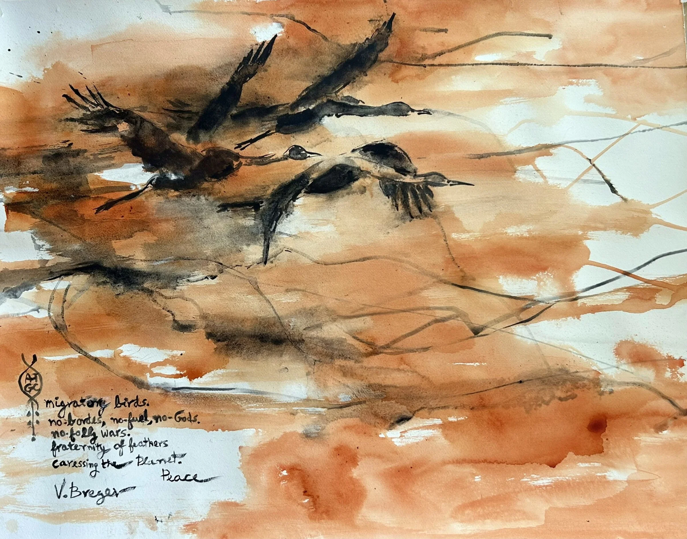 Field: featured image Dark migratory birds with outstretched wings against orange and pale-blue washes, with handwritten poetry at the lower left.
