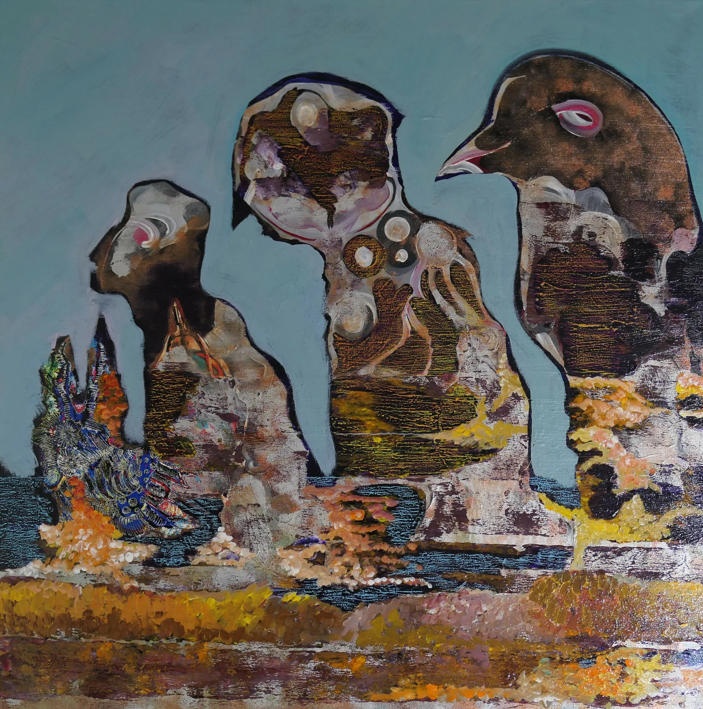 Three textured birdlike forms in brown, cream, and gold against a blue ground.