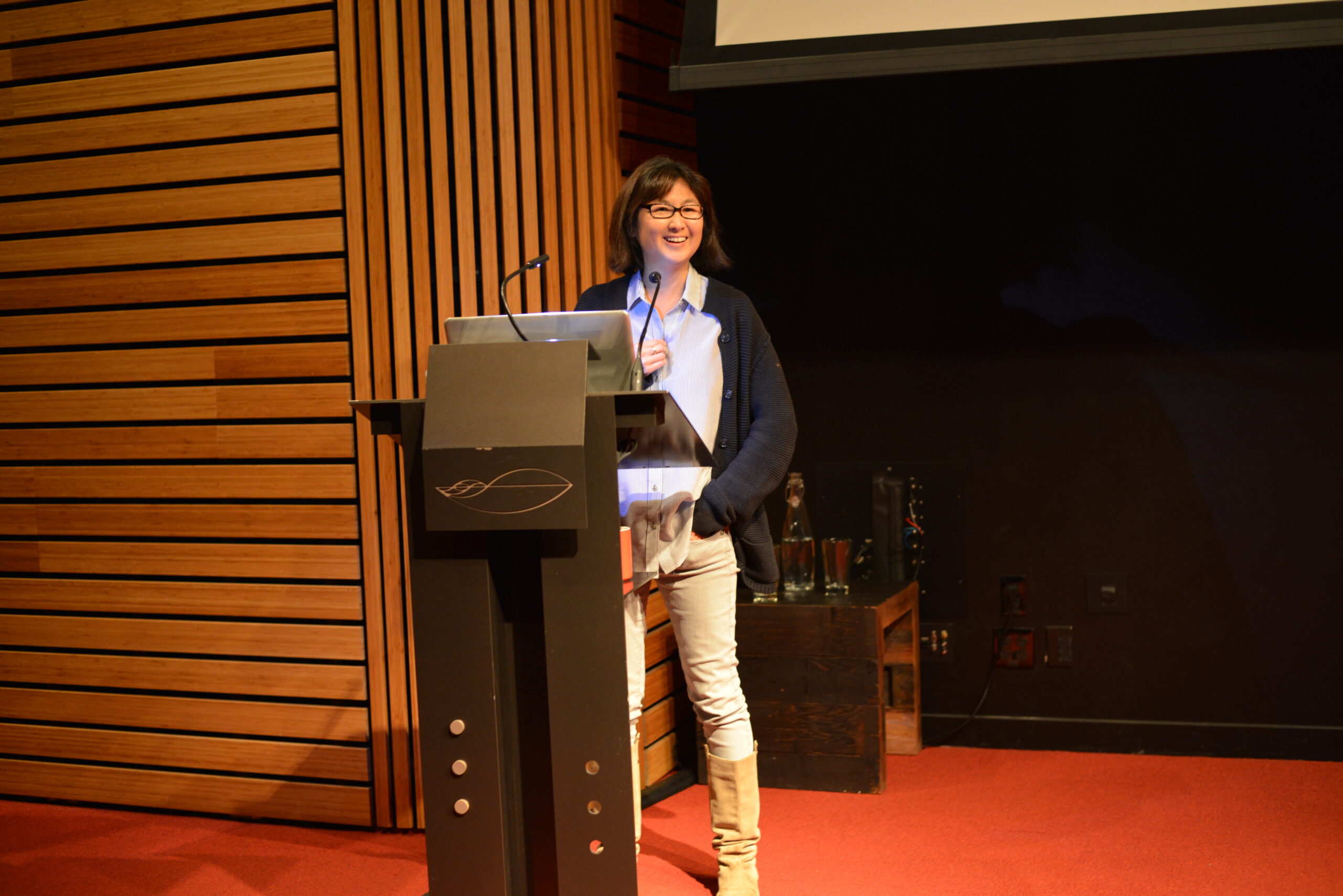Field: featured image Maya Lin speaking at a Berkeley Center for New Media lecture in 2014.