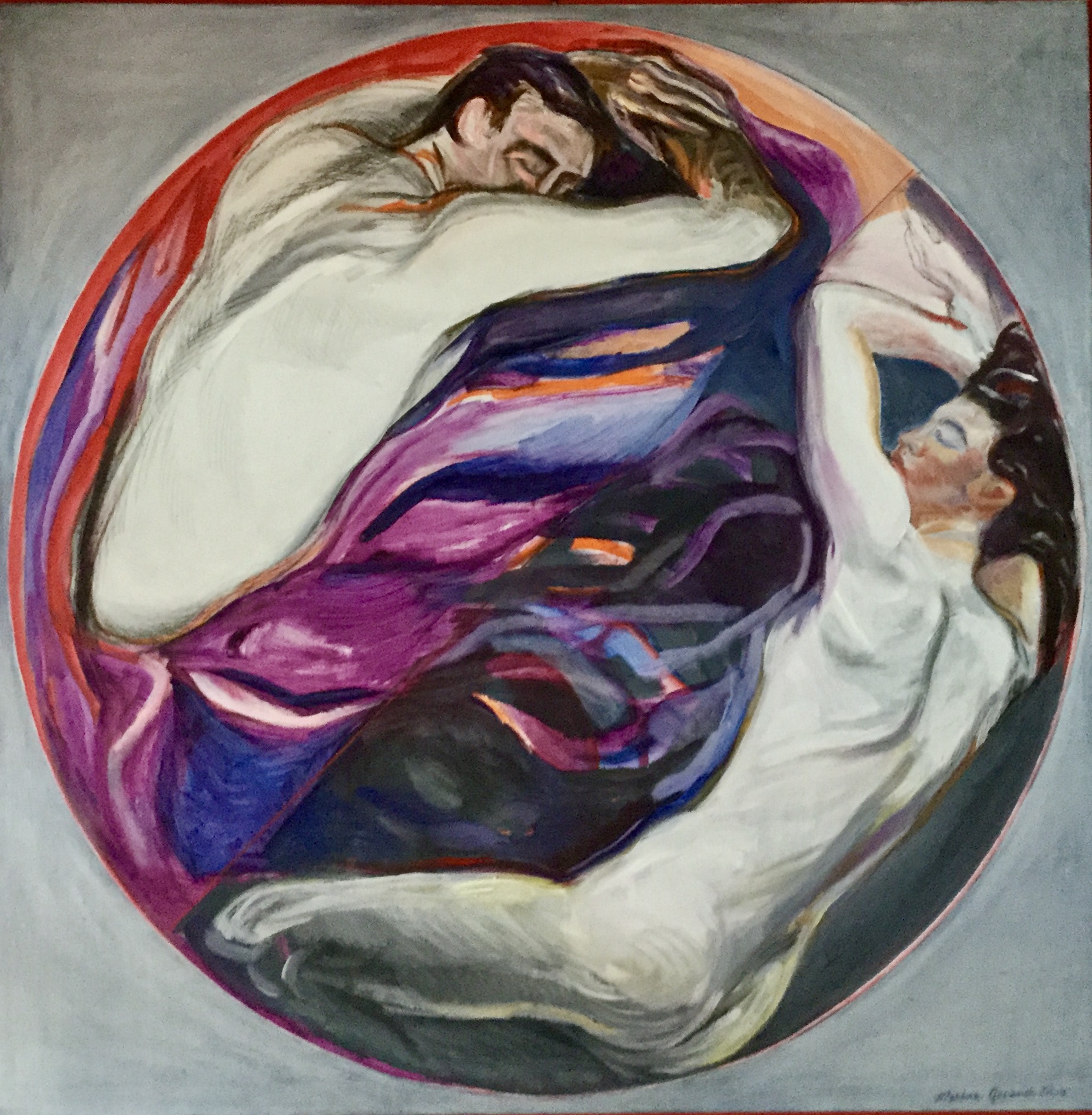 Marina Gavanski Zissis: The Body in a Moment of Becoming | ArtTour International Two nude figures curve around a circular composition filled with flowing red, violet and blue passages.