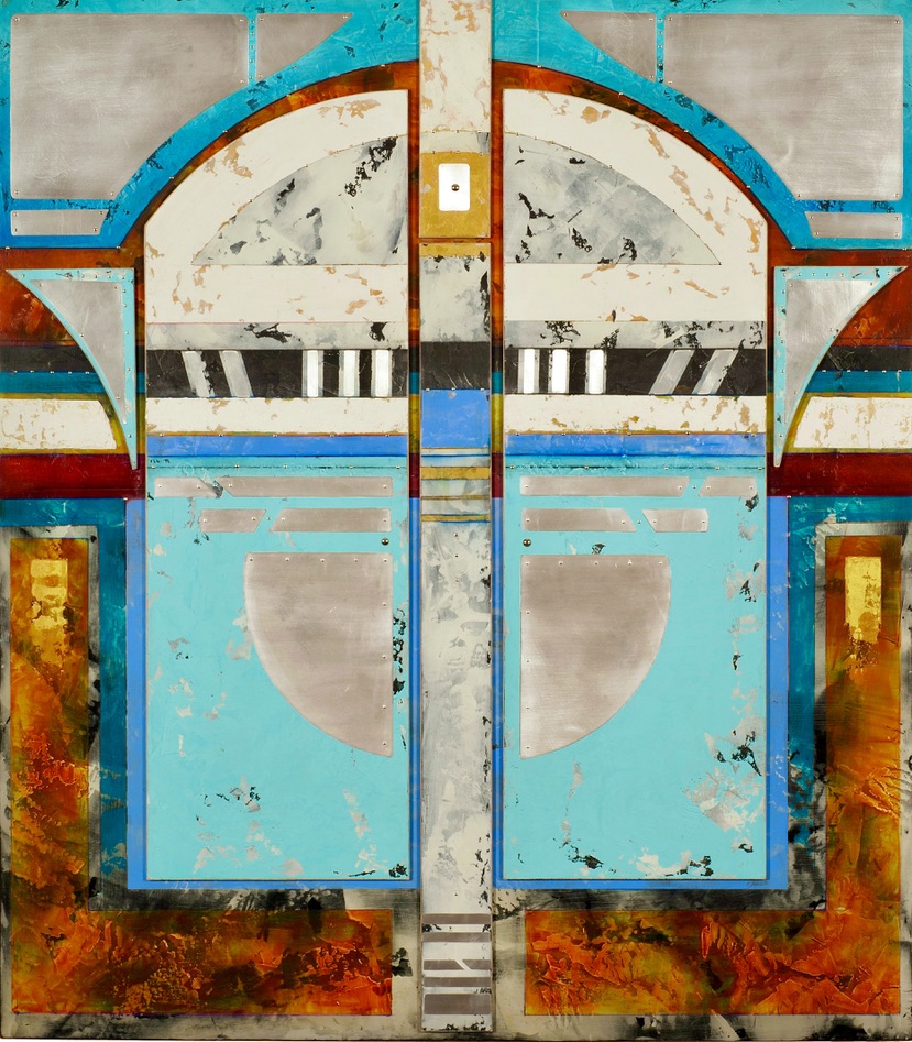 Helene Steene: The Quiet Depth of Luminous Surfaces | ArtTour International A turquoise geometric composition with paired arches, brushed metal shapes, cream-colored textures and deep orange and yellow panels.