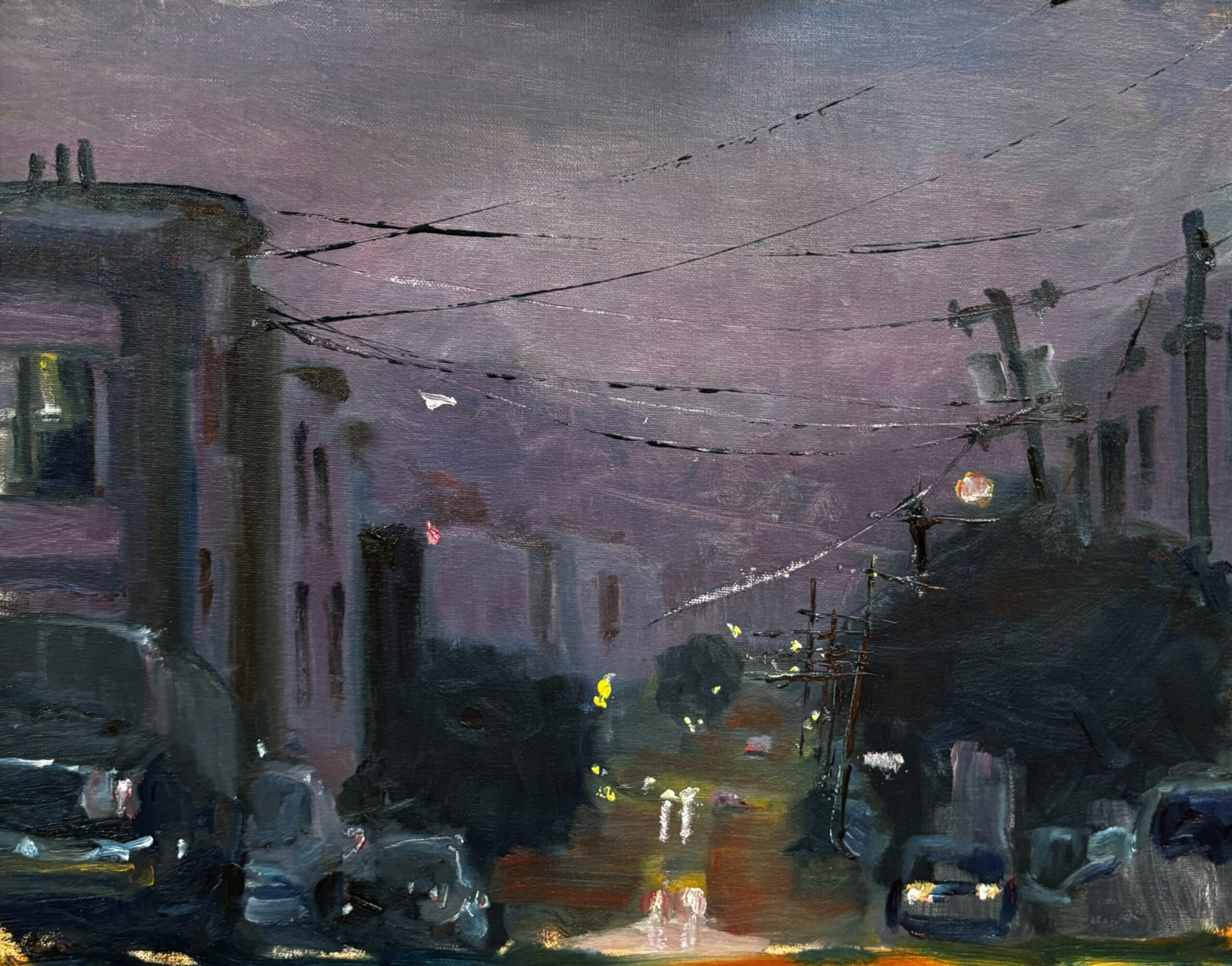 Frank Hoeffler: The Living Atmosphere of Everyday Places | ArtTour International A rainy city street beneath a violet-gray sky, with overhead wires, buildings, cars and lights reflected on the roadway.