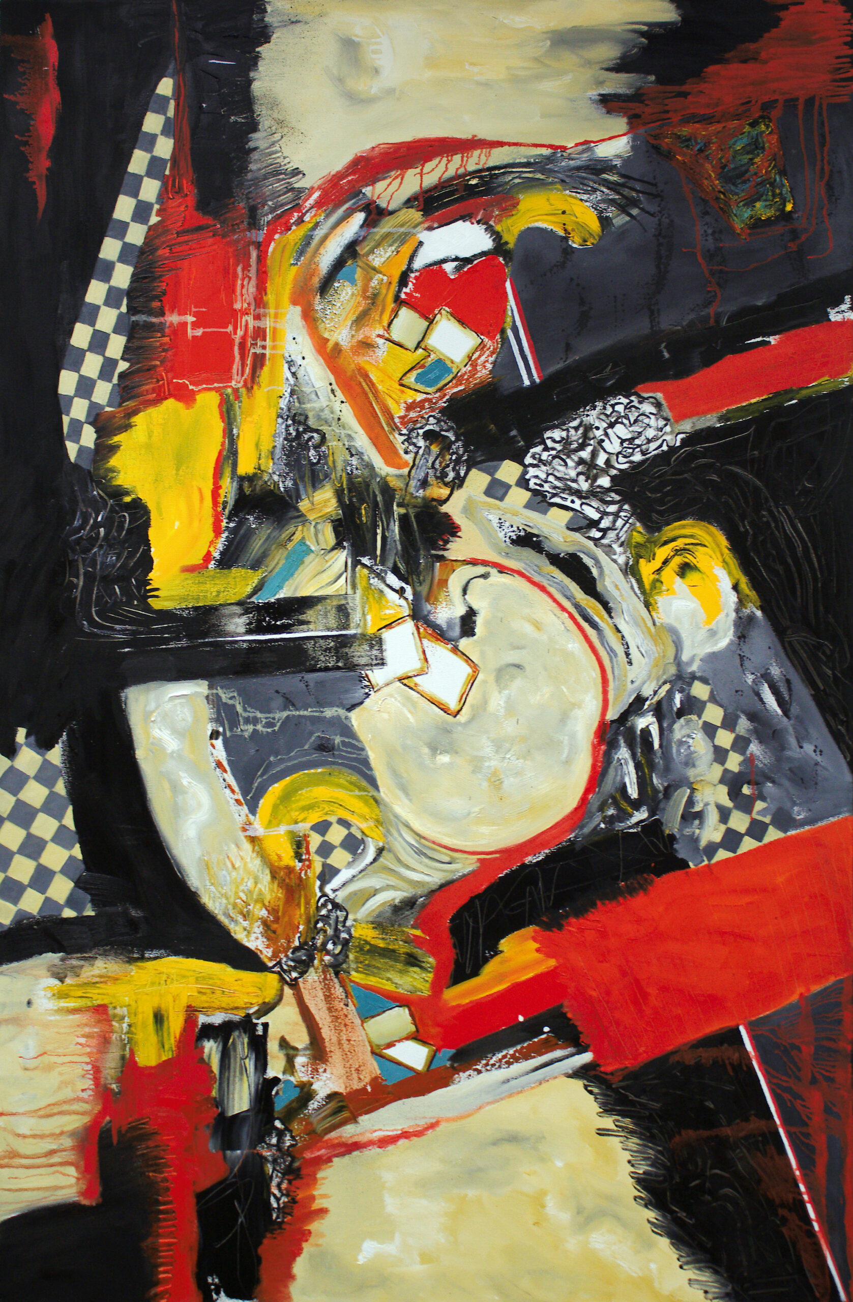 Susan N. McCollough: The Excitement of an Open Canvas | ArtTour International Bold red and black diagonal forms surround yellow, cream, and checkerboard details.