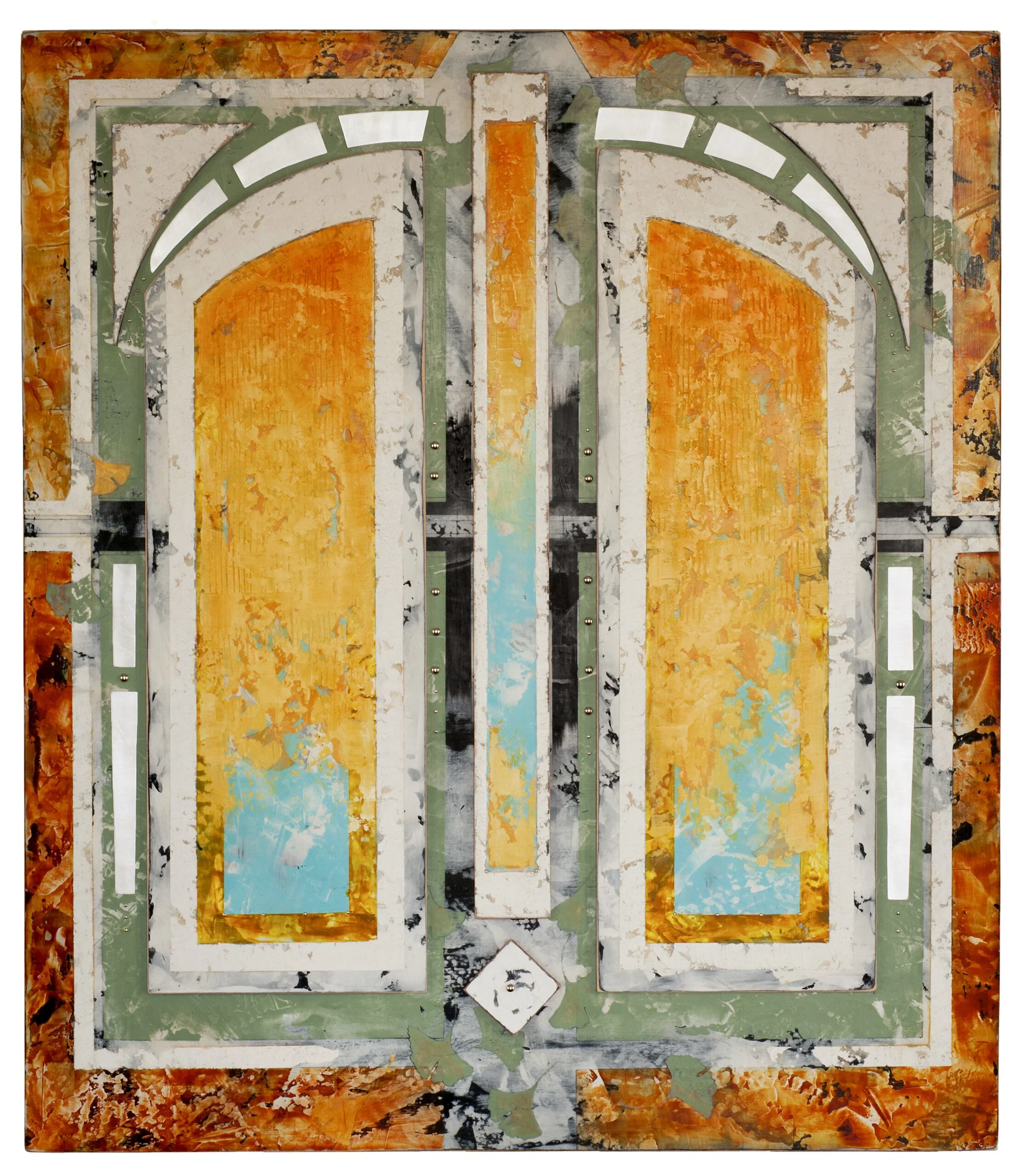 Field: featured image Two tall yellow and pale blue panels beneath green arches, framed by weathered cream surfaces, brushed metal and richly textured orange passages.