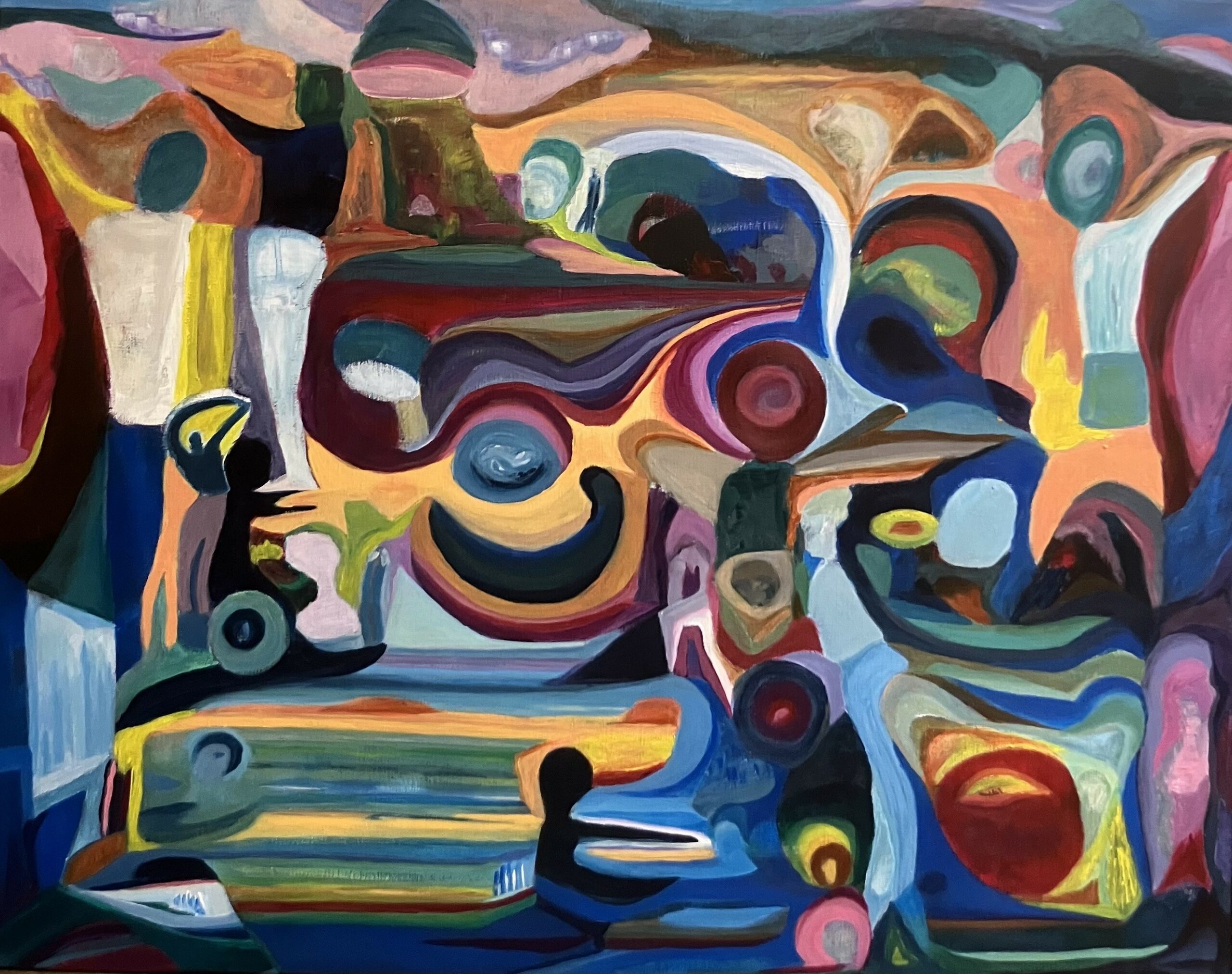 Kari Veastad: An Inner Landscape in Motion | ArtTour International A dense abstract composition with rounded shapes, sweeping bands, and blue, pink, green, and orange color relationships.