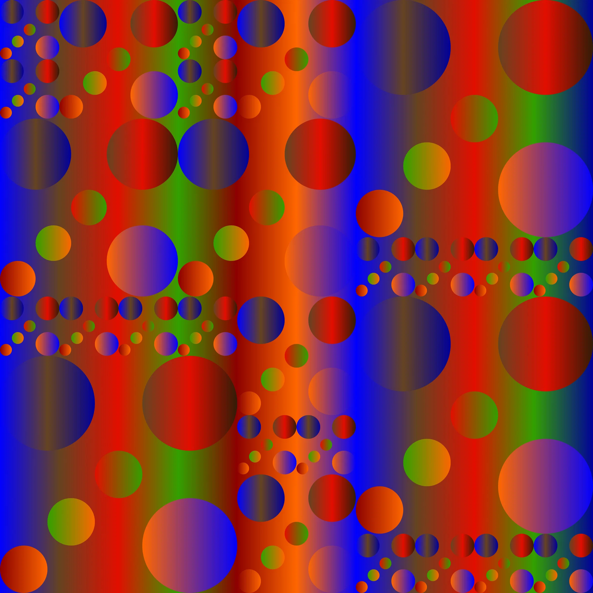 Circles of different sizes float across repeating bands of red, orange, green and blue, with color gradients continuing within each circle.