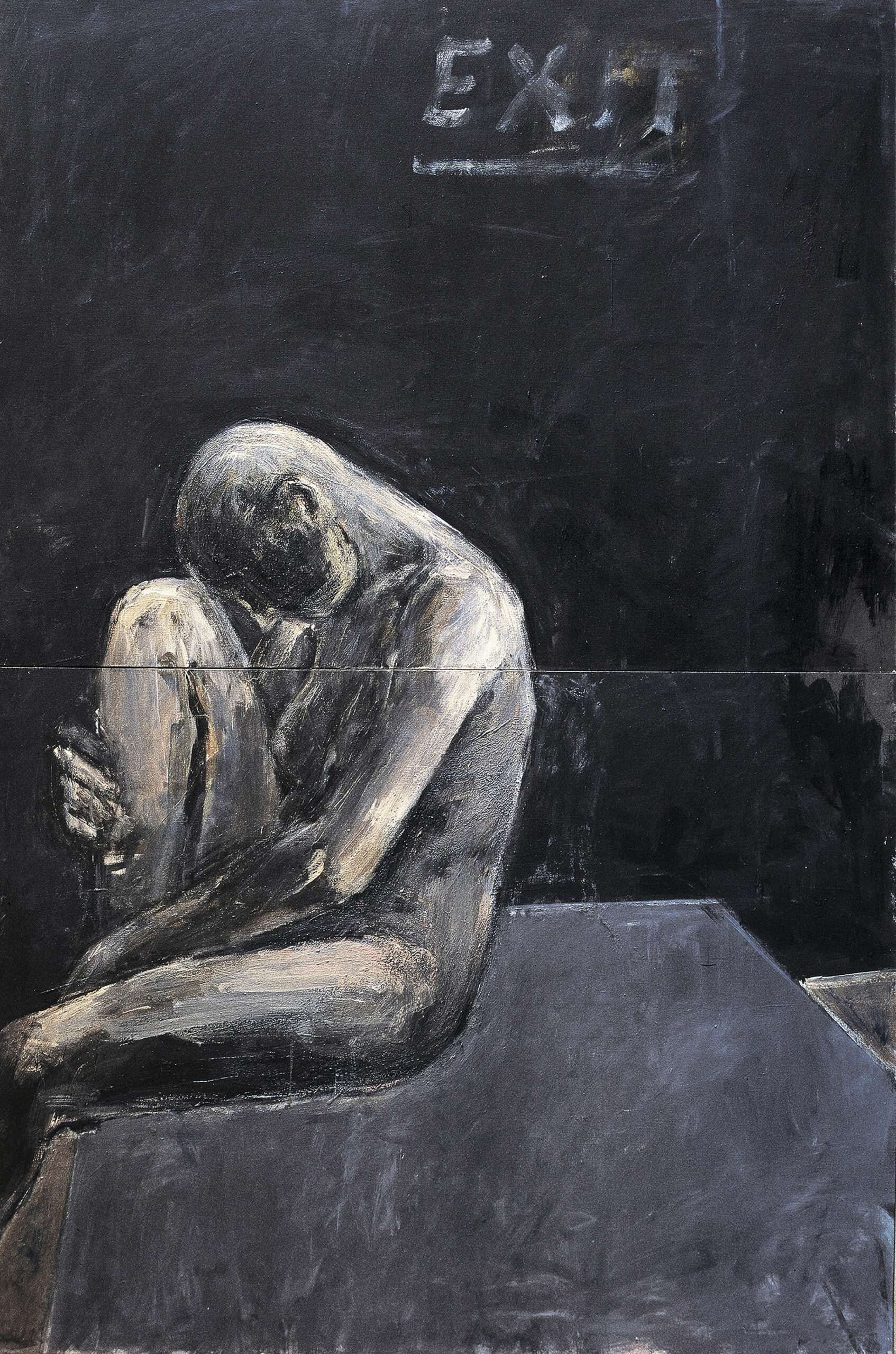 Dragan Marković Markus: A Space for Recognition | ArtTour International A pale seated figure with bowed head and folded limbs against a dark background, with the word EXIT above and blue-gray planes beneath.