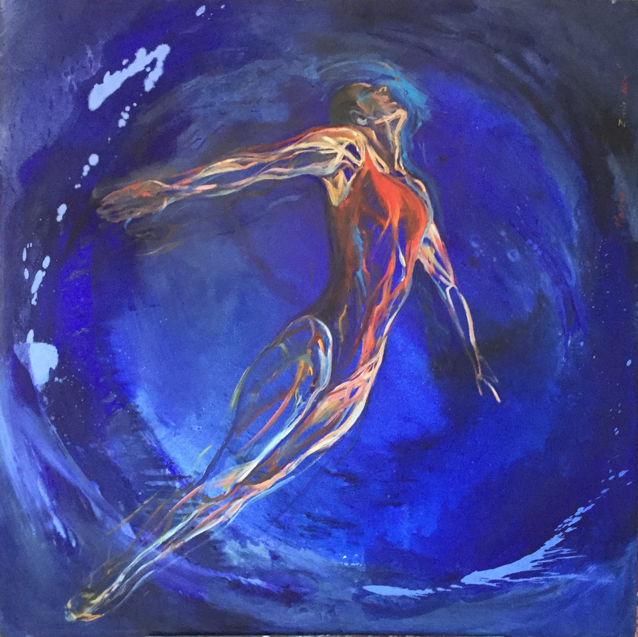 Marina Gavanski Zissis: The Body in a Moment of Becoming | ArtTour International An elongated figure with an outstretched arm traced in gold, pale blue and red against a swirling deep blue field.