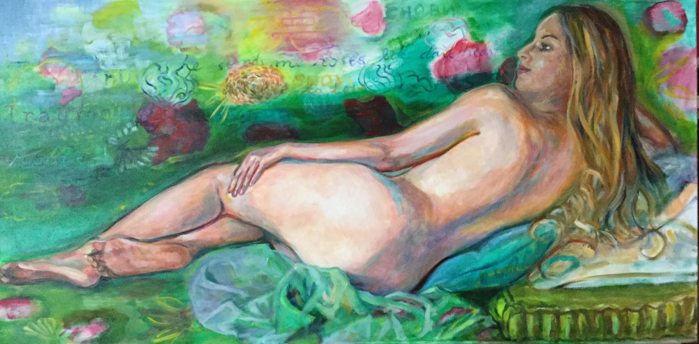 Field: featured image A reclining nude woman with long hair looks beyond the canvas edge, surrounded by expressive green, pink, yellow and blue marks.
