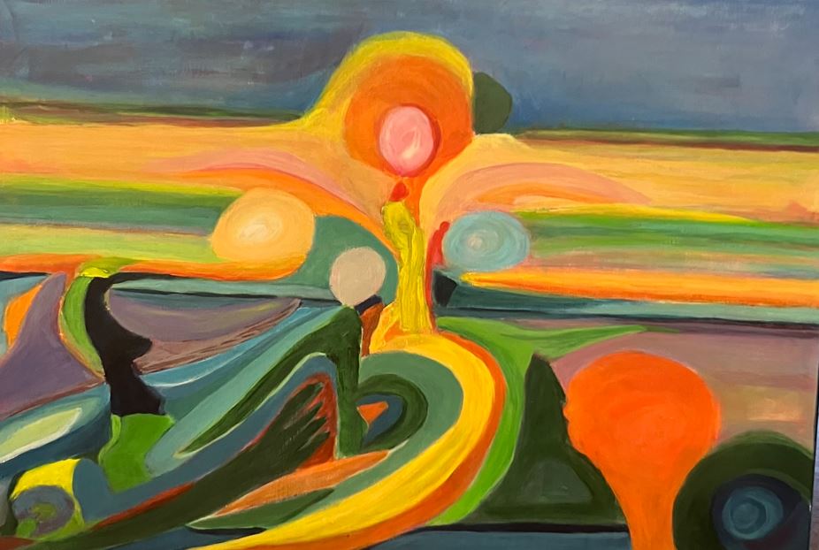 Kari Veastad: An Inner Landscape in Motion | ArtTour International An abstract acrylic painting with rising orange and yellow forms, curved green shapes, and horizontal color bands.