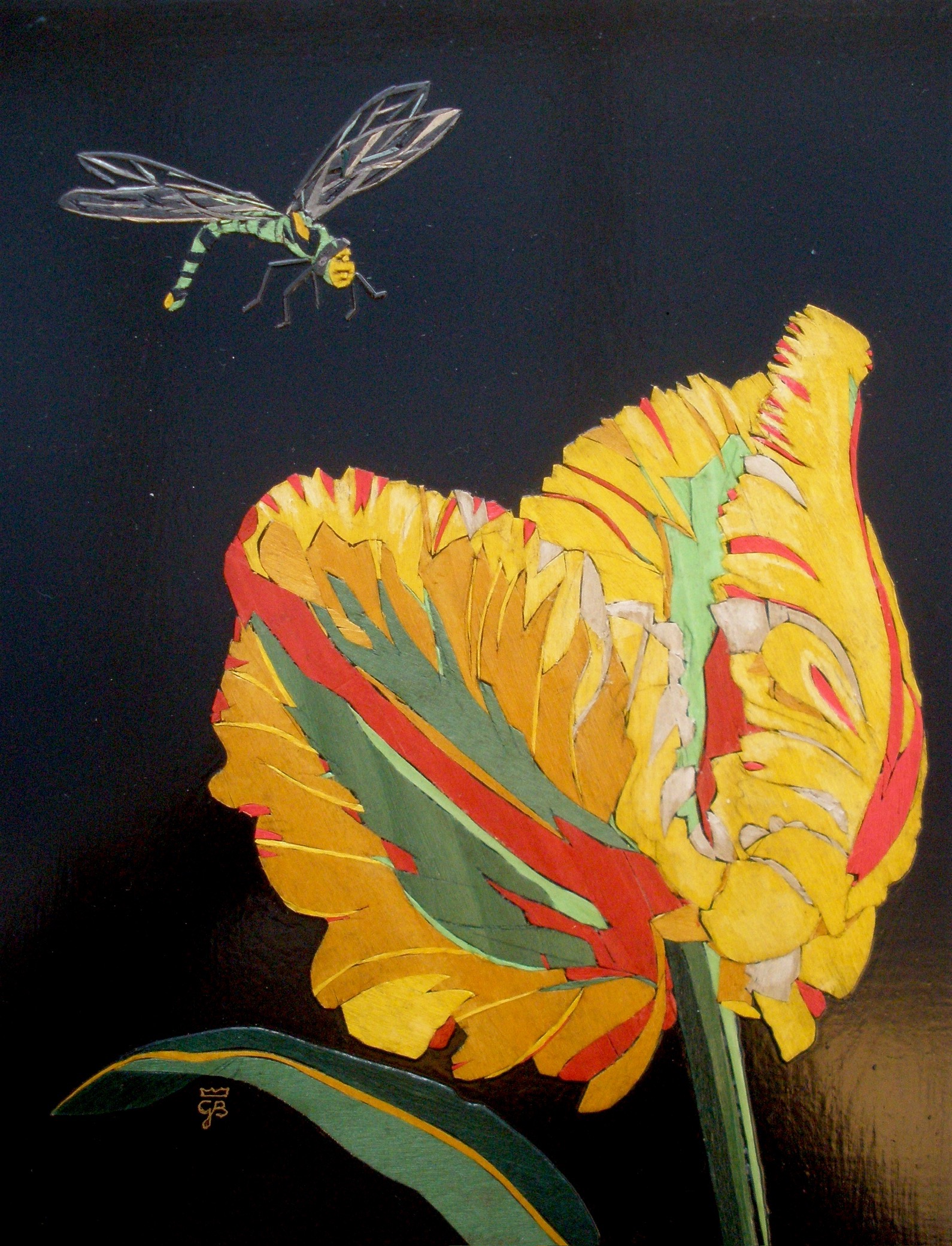 Gabriella Blakey: The Poetry Hidden in Wood | ArtTour International A yellow tulip with red and green accents and a winged insect against a dark background.