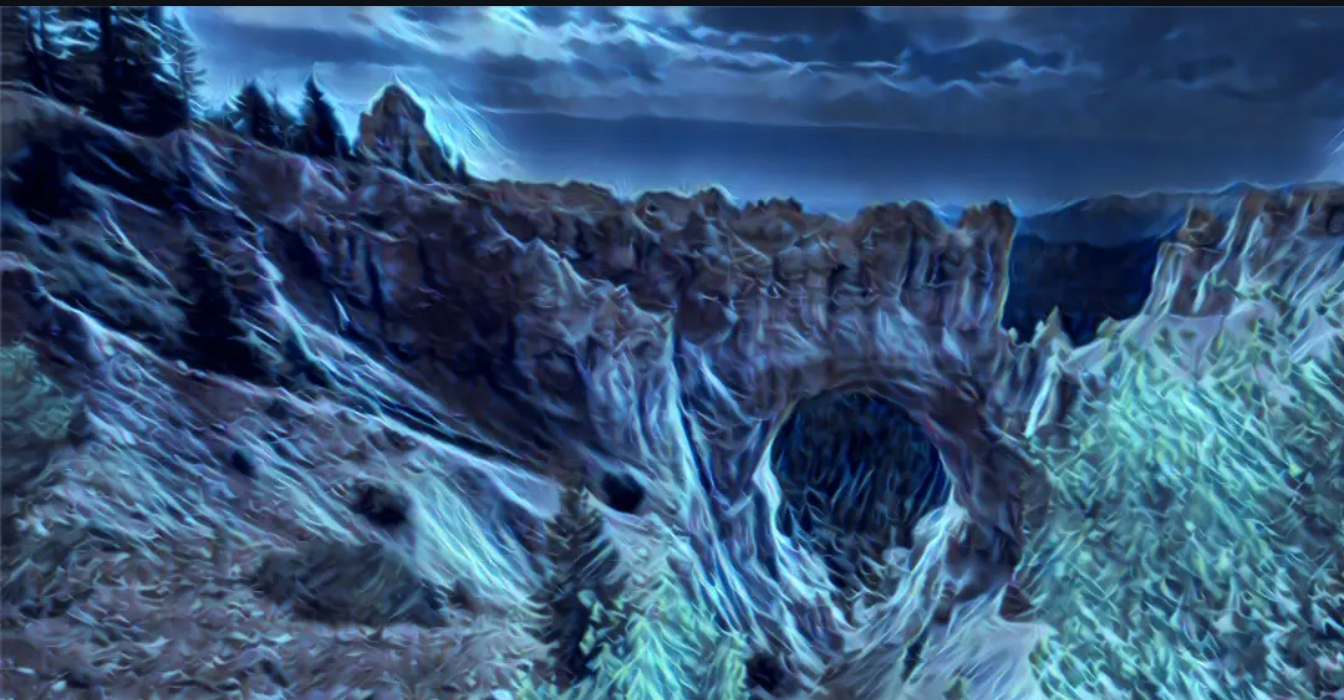 Digitally transformed Bryce Canyon landscape with glowing blue and turquoise contours around rock formations and a central opening.