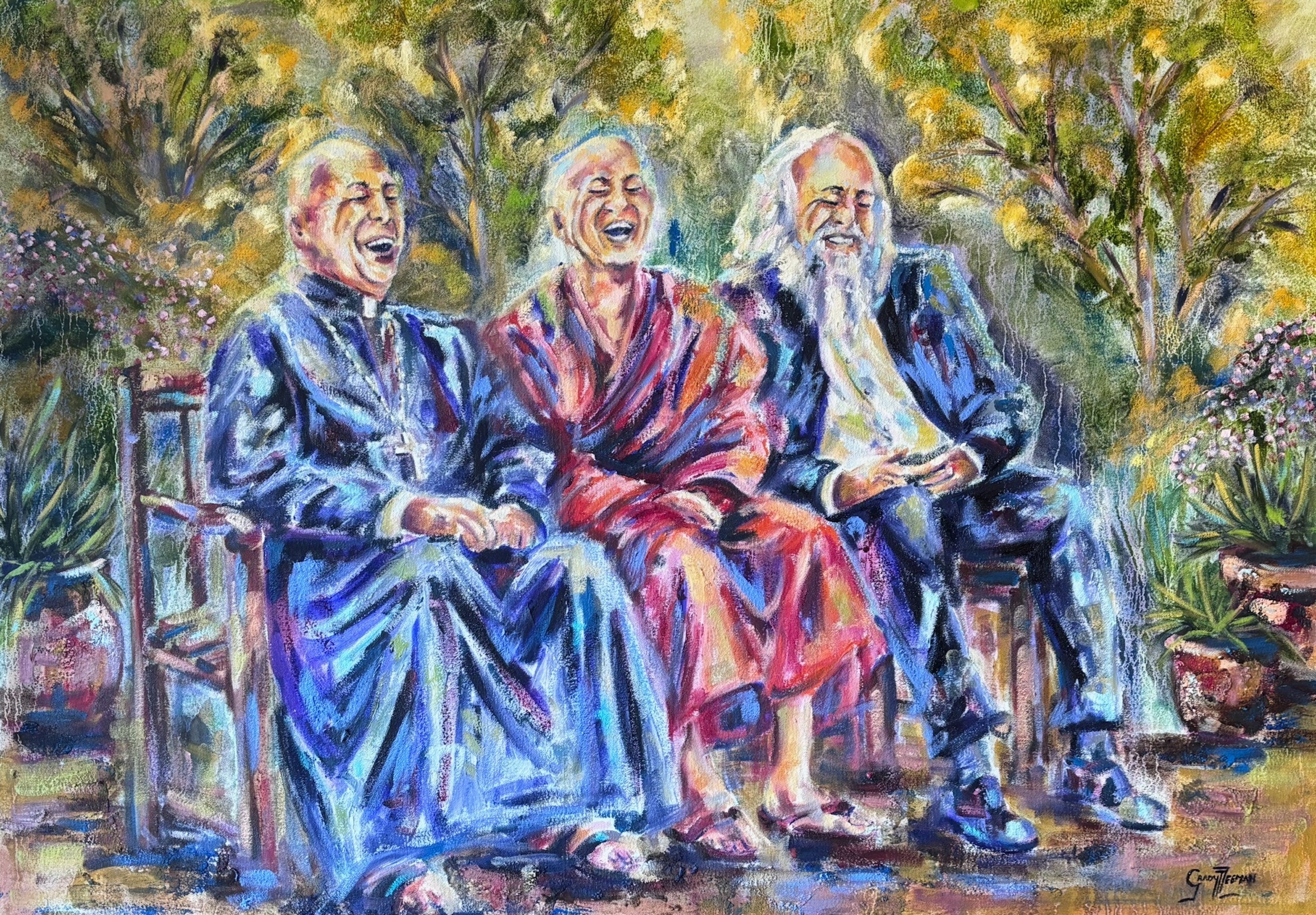 Field: featured image Three figures laughing together on seats amid trees and potted flowers, their blue and red garments painted with luminous multicolored strokes.