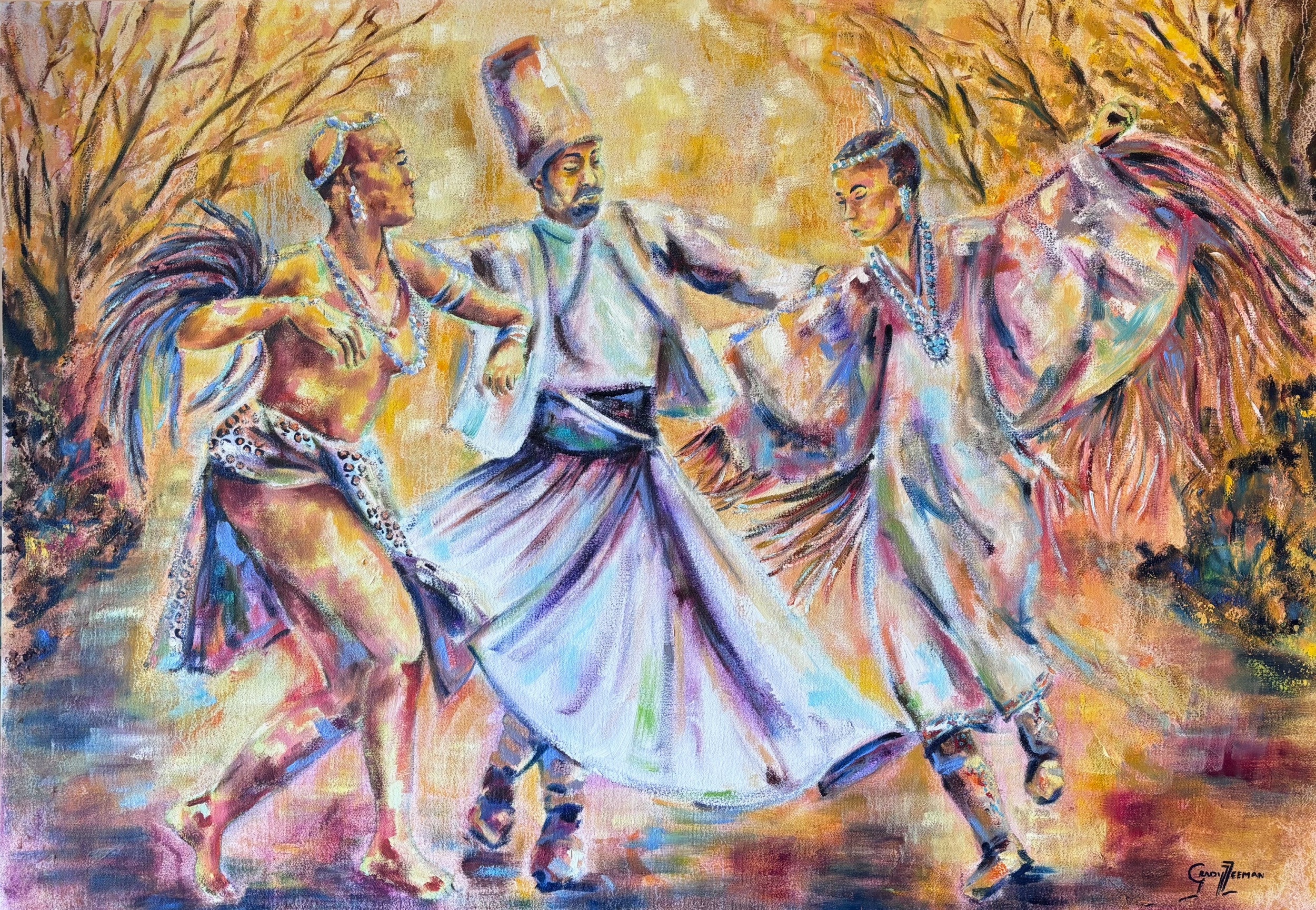 Grady T Zeeman: The Human Warmth of a Shared Moment | ArtTour International Three dancing figures with extended arms and flowing garments against a golden setting framed by branching trees.