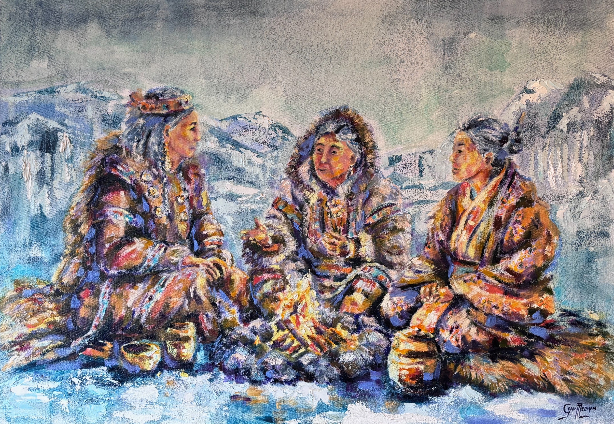 Grady T Zeeman: The Human Warmth of a Shared Moment | ArtTour International Three women in richly patterned garments gathered around a small fire in a snowy mountain landscape, with one woman gesturing as the others listen.