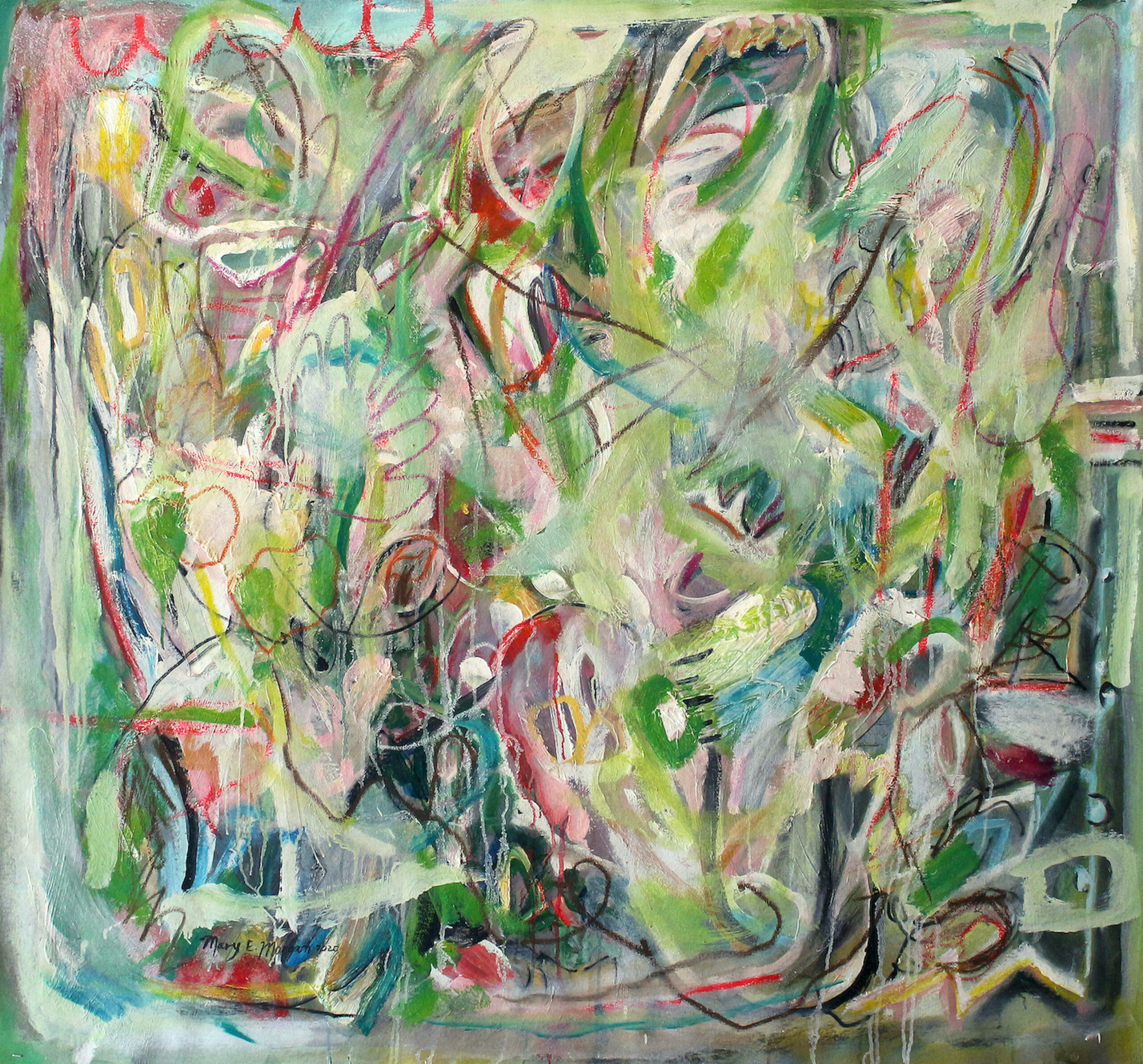 Mary E Morgan: The Landscapes We Carry Within | ArtTour International Layers of green, pink, pale yellow, and dark gestural lines fill an abstract painting.