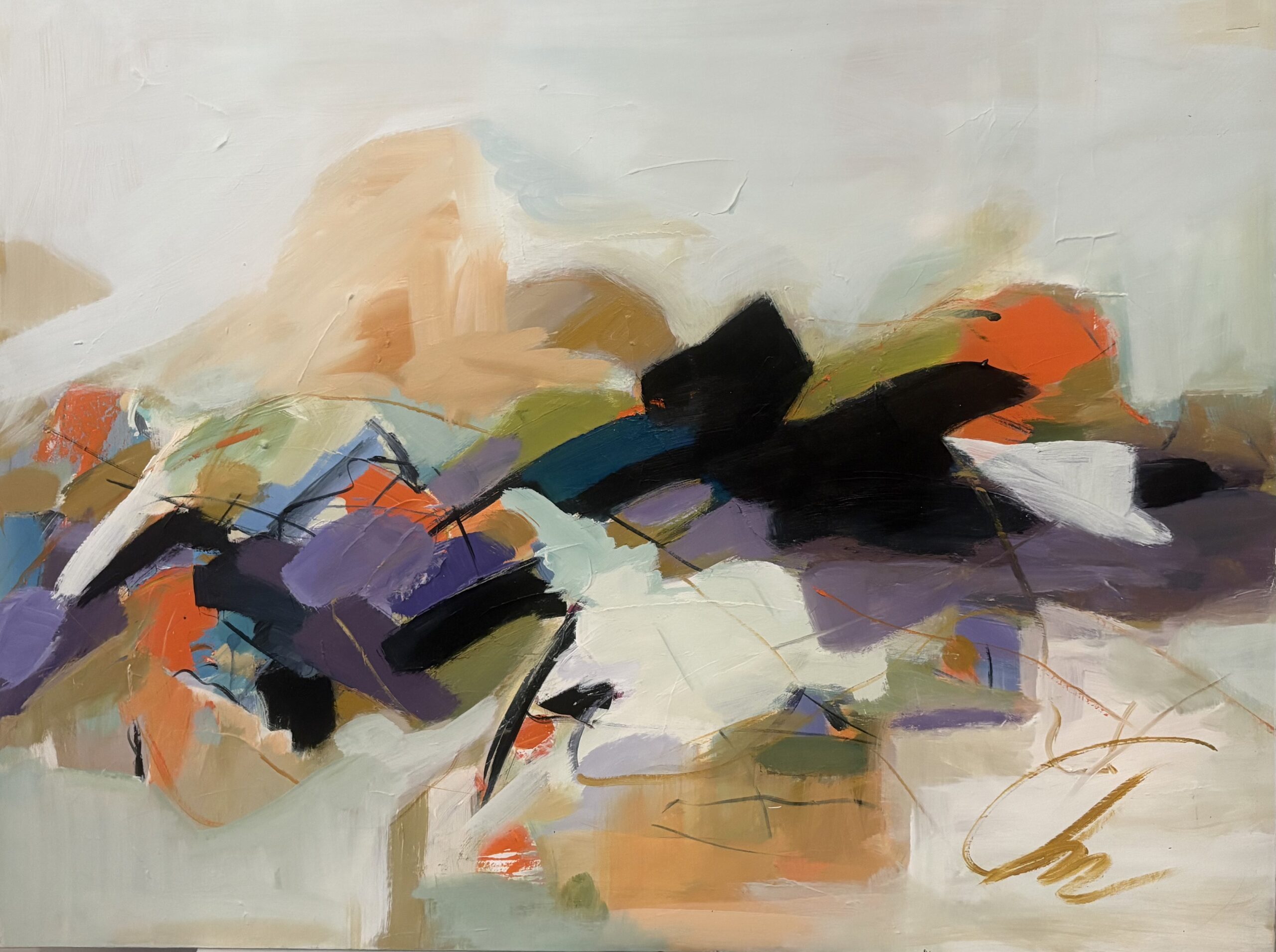 Golfo Tsakumis: The Freedom of Color in Motion | ArtTour International An abstract acrylic painting with sweeping dark strokes and violet, orange, blue, and green passages on a pale field.