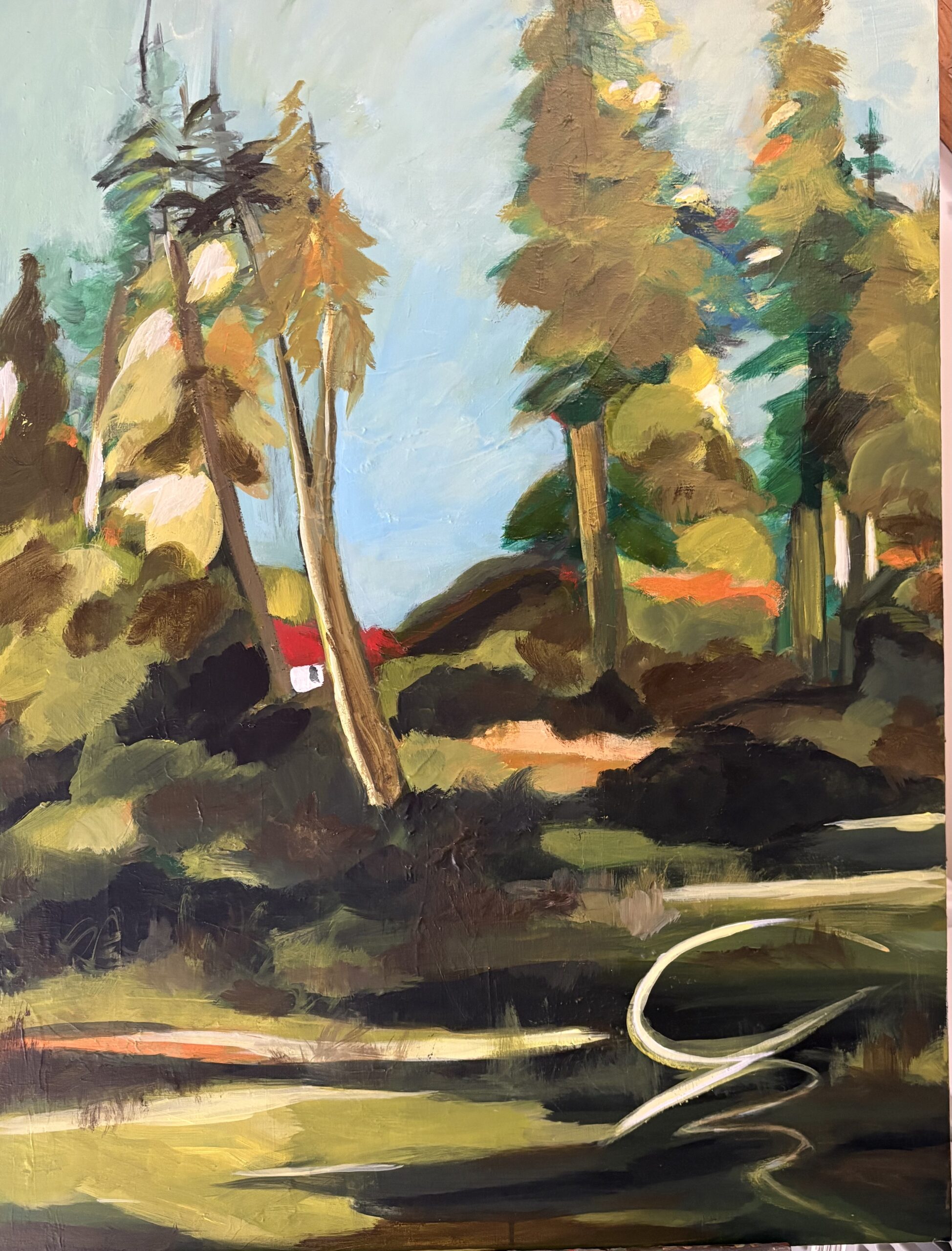 Golfo Tsakumis: The Freedom of Color in Motion | ArtTour International An expressive wooded landscape with tall trees, green and ochre passages, a pale blue sky, and sweeping foreground marks.