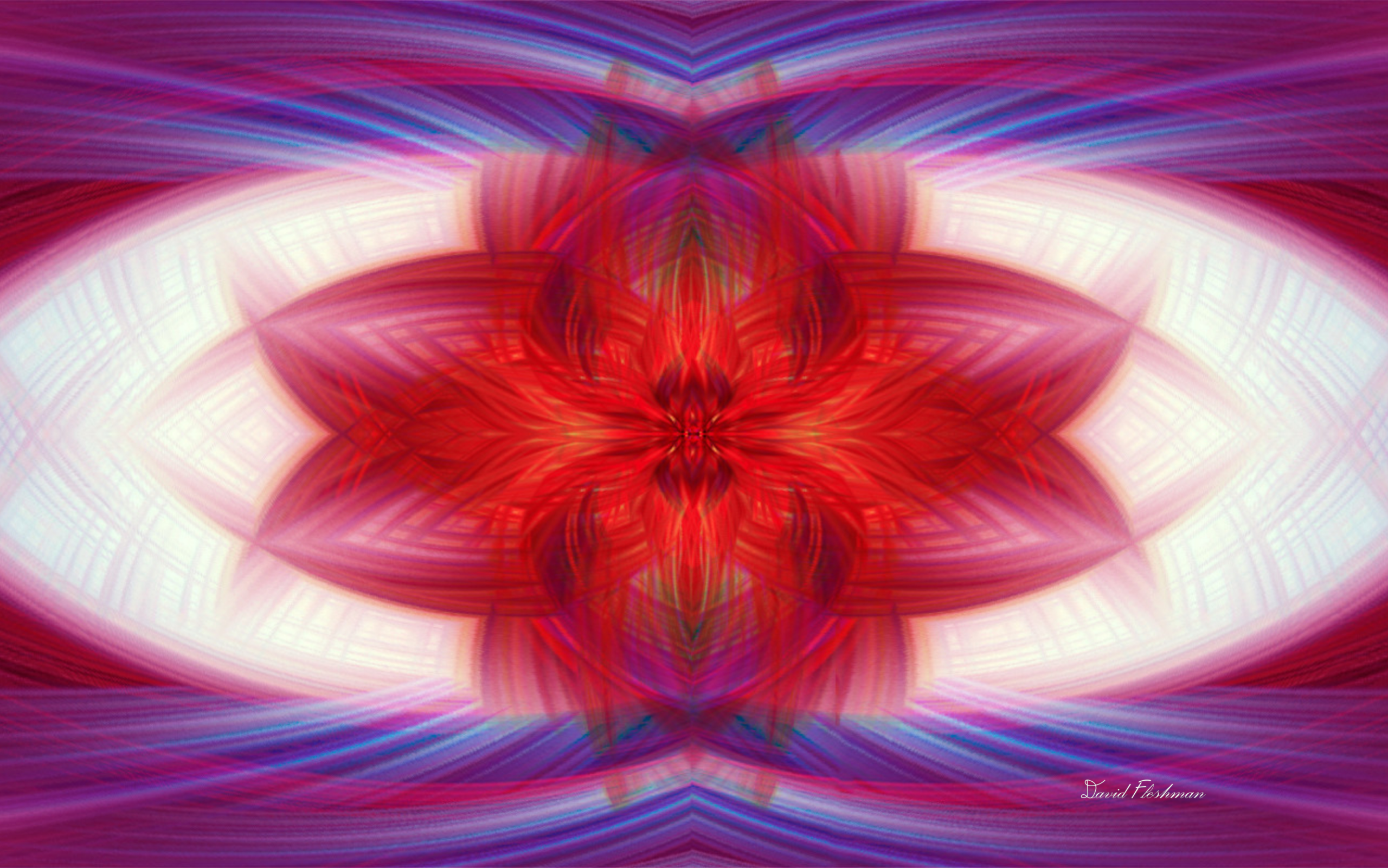 David Fleshman: Nature Held in Luminous Color | ArtTour International A radiant red and pink flowerlike structure with layered curves and bright pale bands in a symmetrical digital composition.