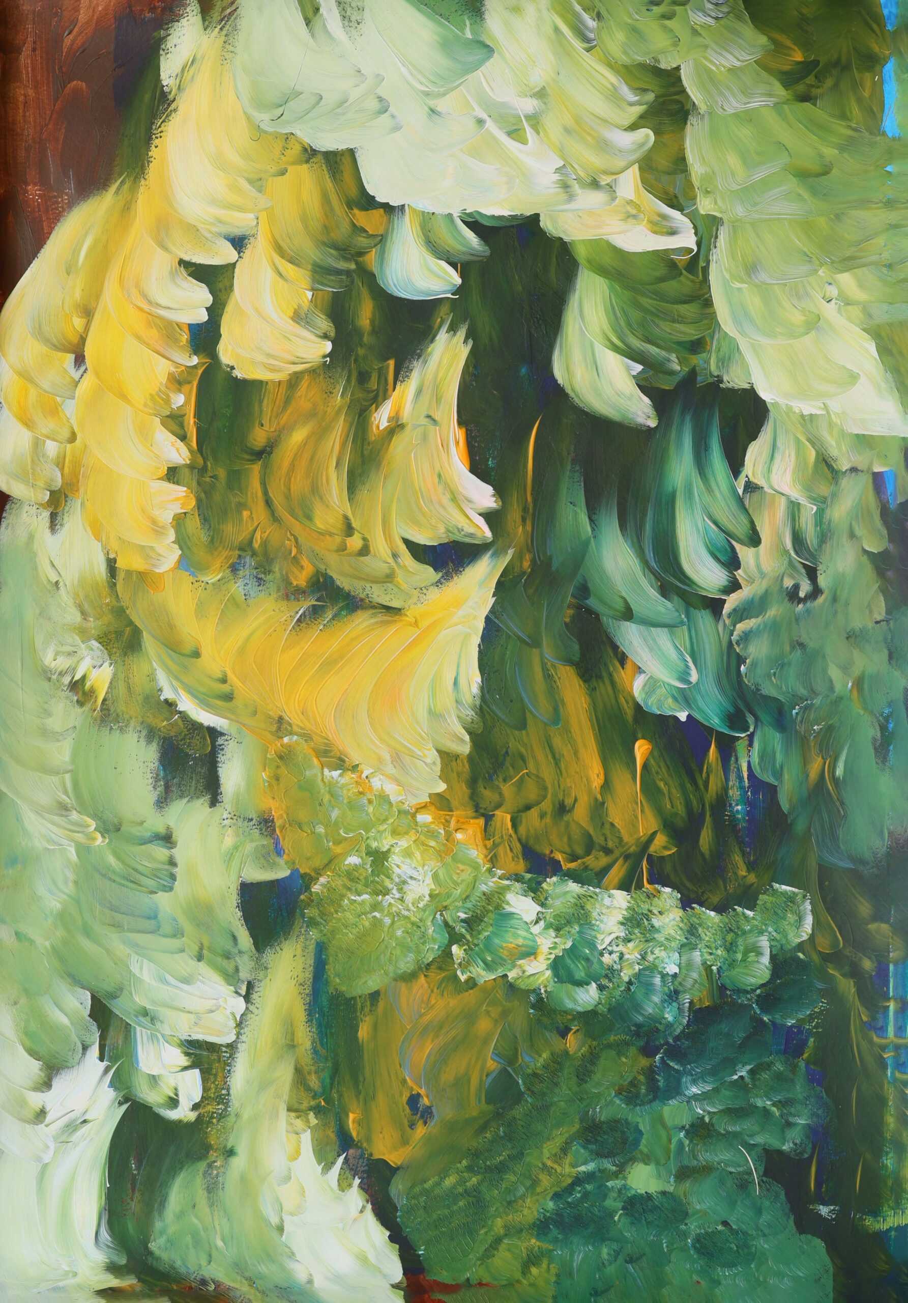 Angelė Šimoliūnienė: A Dialogue with the Unseen | ArtTour International Sweeping pale yellow and green brushstrokes cascade across a dark green abstract ground.