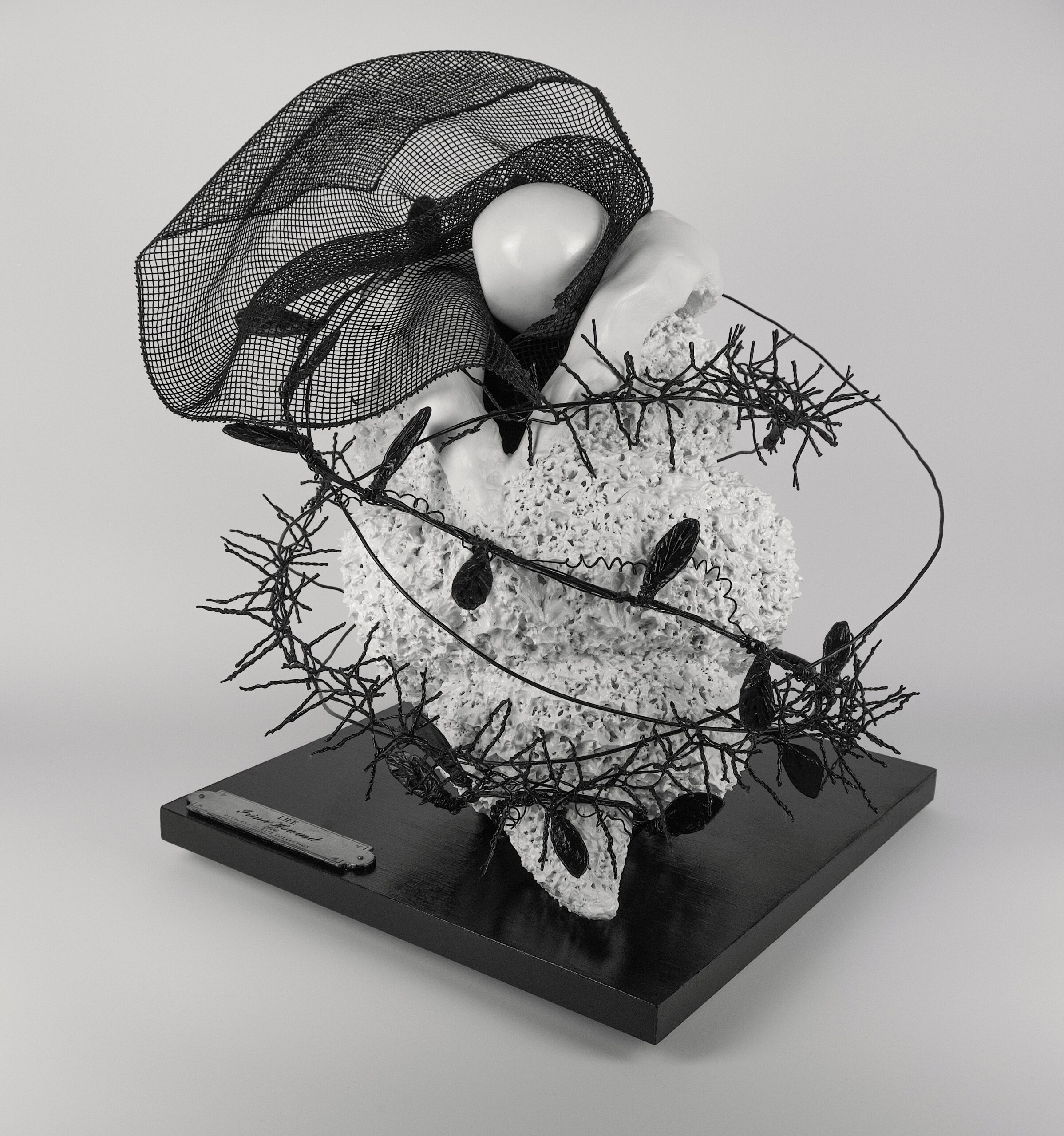 Irina Howard: Giving Shape to the Unseen | ArtTour International A pale textured sculpture with a rounded white form in dark mesh and branching wire structures on a square wood base.