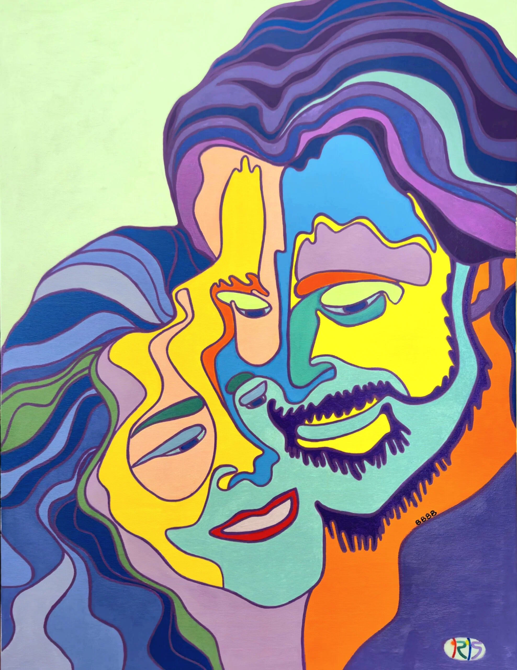IRIS FLUIDISM: Love in a Language of Flow | ArtTour International Two faces resting closely together, formed from flowing outlined shapes in yellow, turquoise, orange, blue and violet against a pale green field.