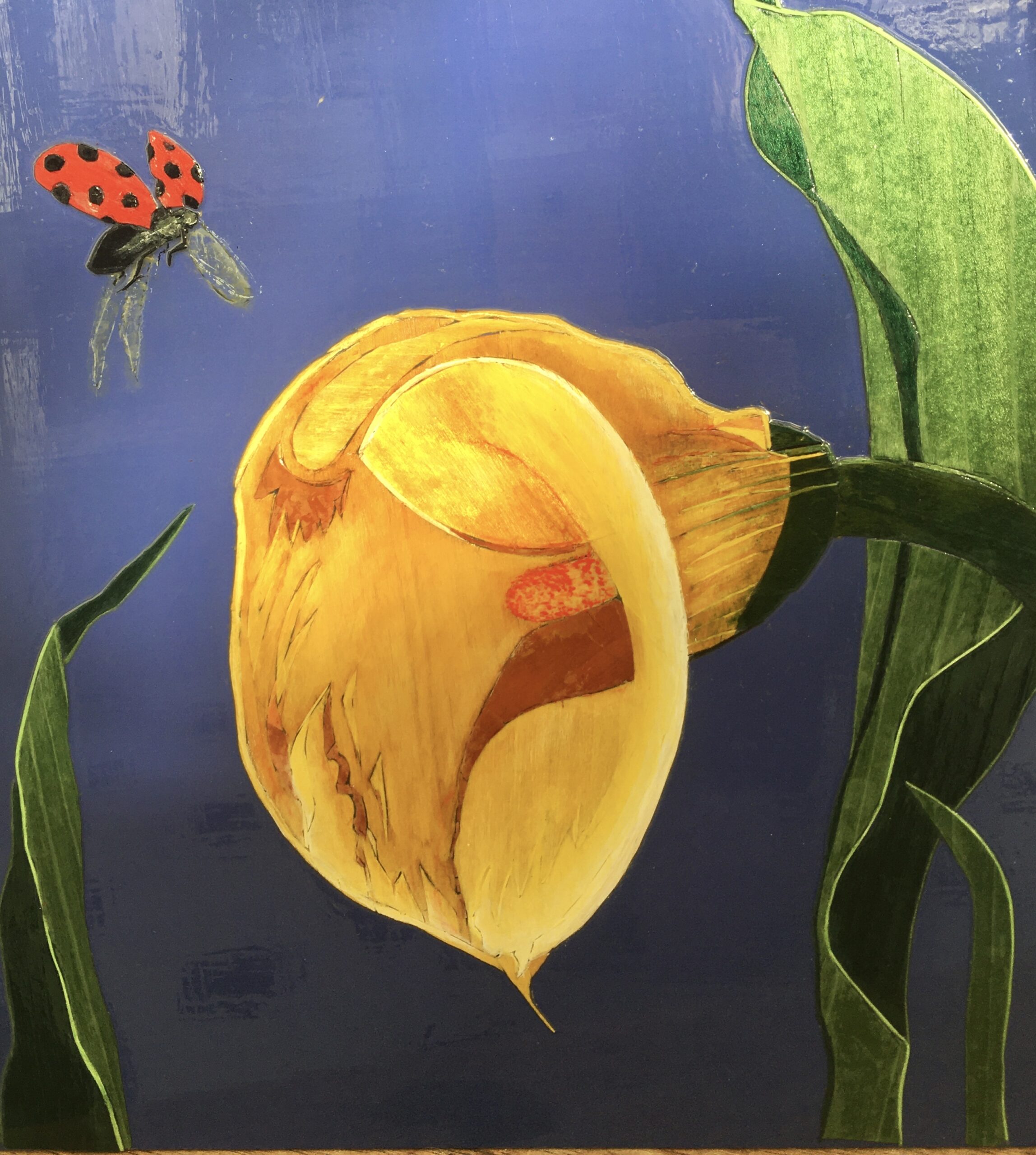 Gabriella Blakey: The Poetry Hidden in Wood | ArtTour International A golden yellow lily, green leaves, and red ladybirds formed from wood veneers on a blue ground.