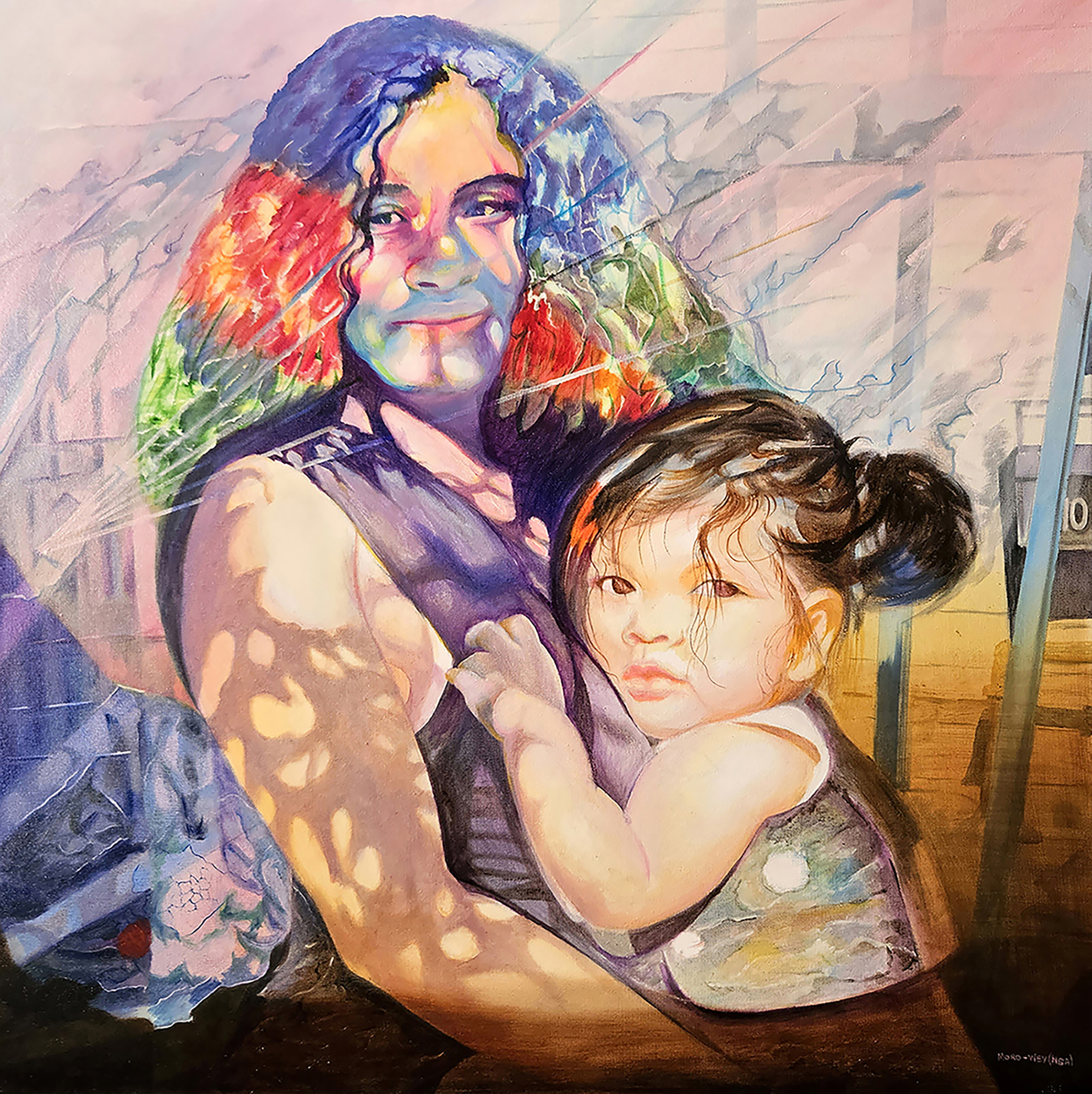 Billy Moro-Wey: The Color of a Shared Embrace | ArtTour International A colorful oil portrait of a mother holding a child, with violet and blue passages, warm light, and expressive marks.