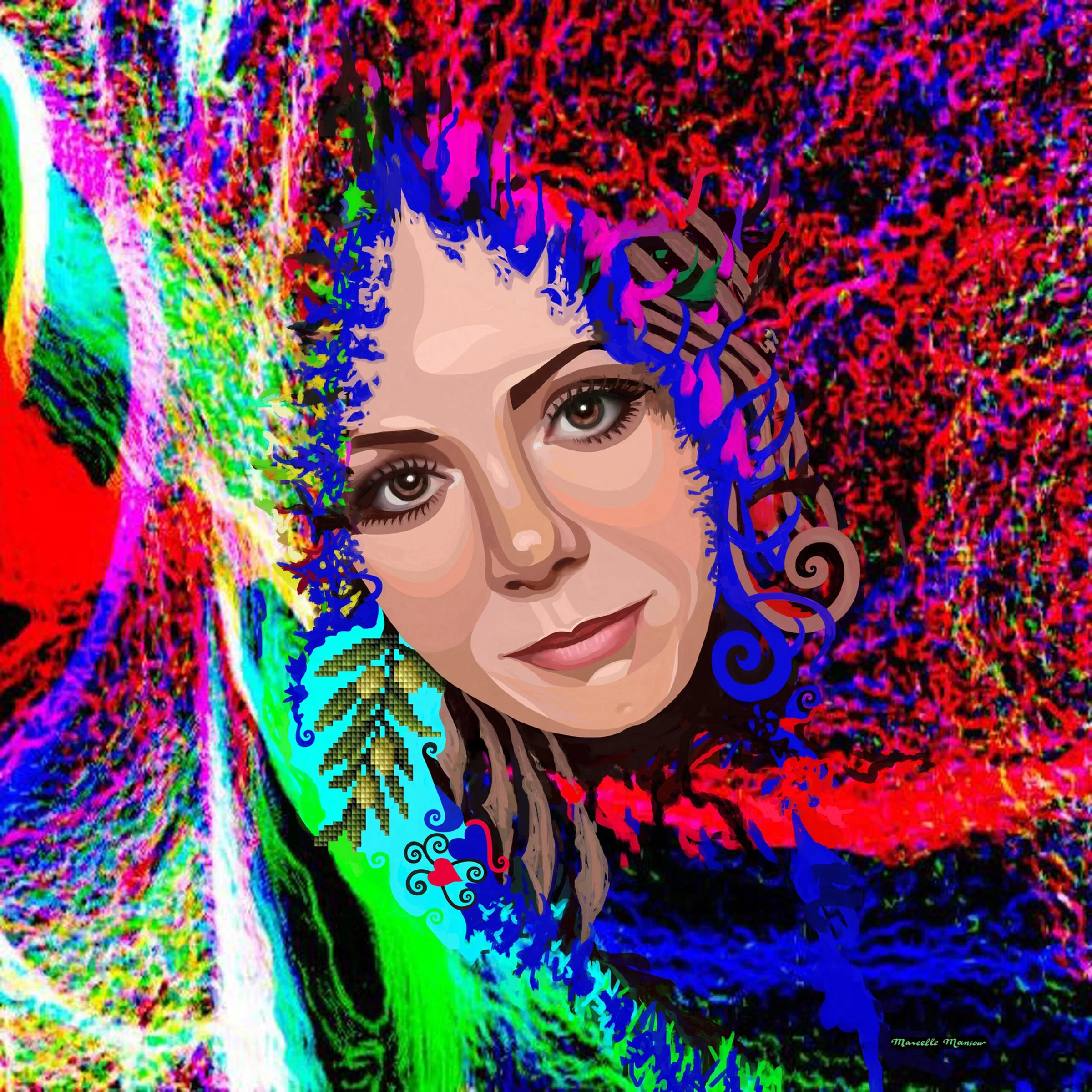 Marcelle Mansour: Memory Made Visible in Light | ArtTour International A digital self-portrait with a woman’s face framed by blue and violet spirals, vivid red and green light, and layered multicolored patterns.