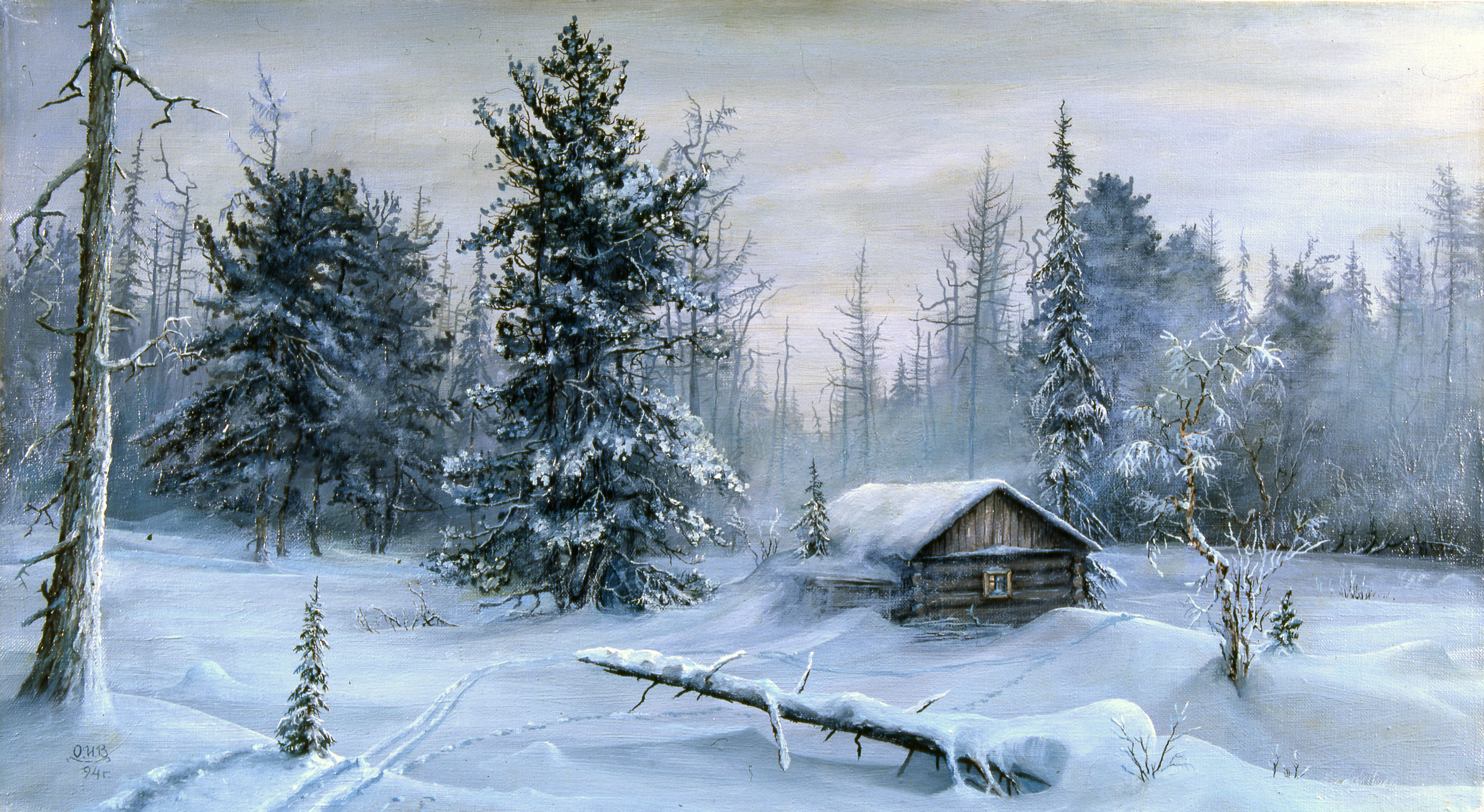 Igor Osipov: The North Held in Light and Silence | ArtTour International A small wooden cabin rests among snow-covered trees in a quiet winter forest.