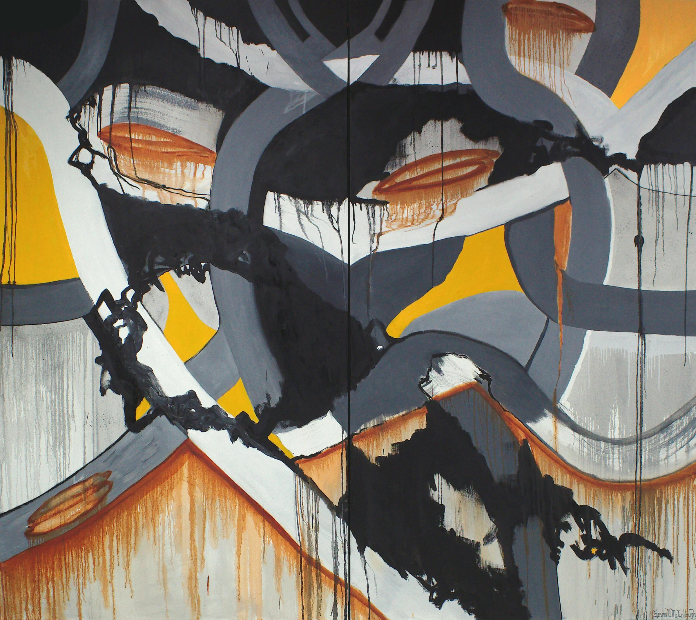 Susan N. McCollough: The Excitement of an Open Canvas | ArtTour International A two-panel abstract composition of black, gray, white, ochre, and yellow sweeping forms.