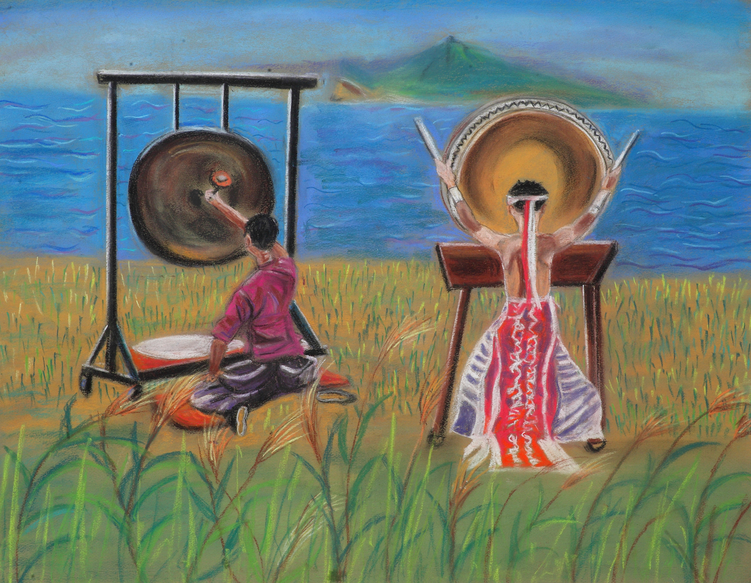 Shu-ya Hsu: Painting the Joy of Belonging | ArtTour International Two figures play percussion instruments beside blue water and grassy shores.