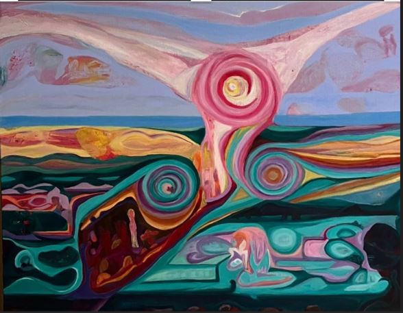 Kari Veastad: An Inner Landscape in Motion | ArtTour International An intuitive abstract painting with pink and turquoise spirals and flowing green, yellow, and violet bands.