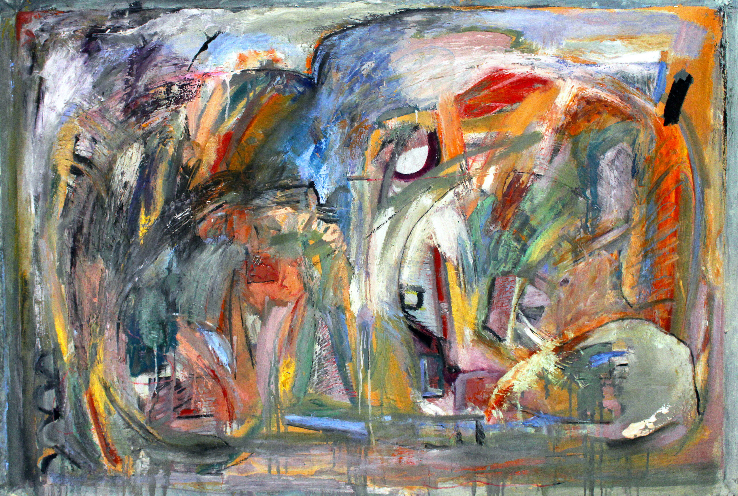Mary E Morgan: The Landscapes We Carry Within | ArtTour International Expressive abstract arcs and brushstrokes in orange, blue, gray, cream, and black.