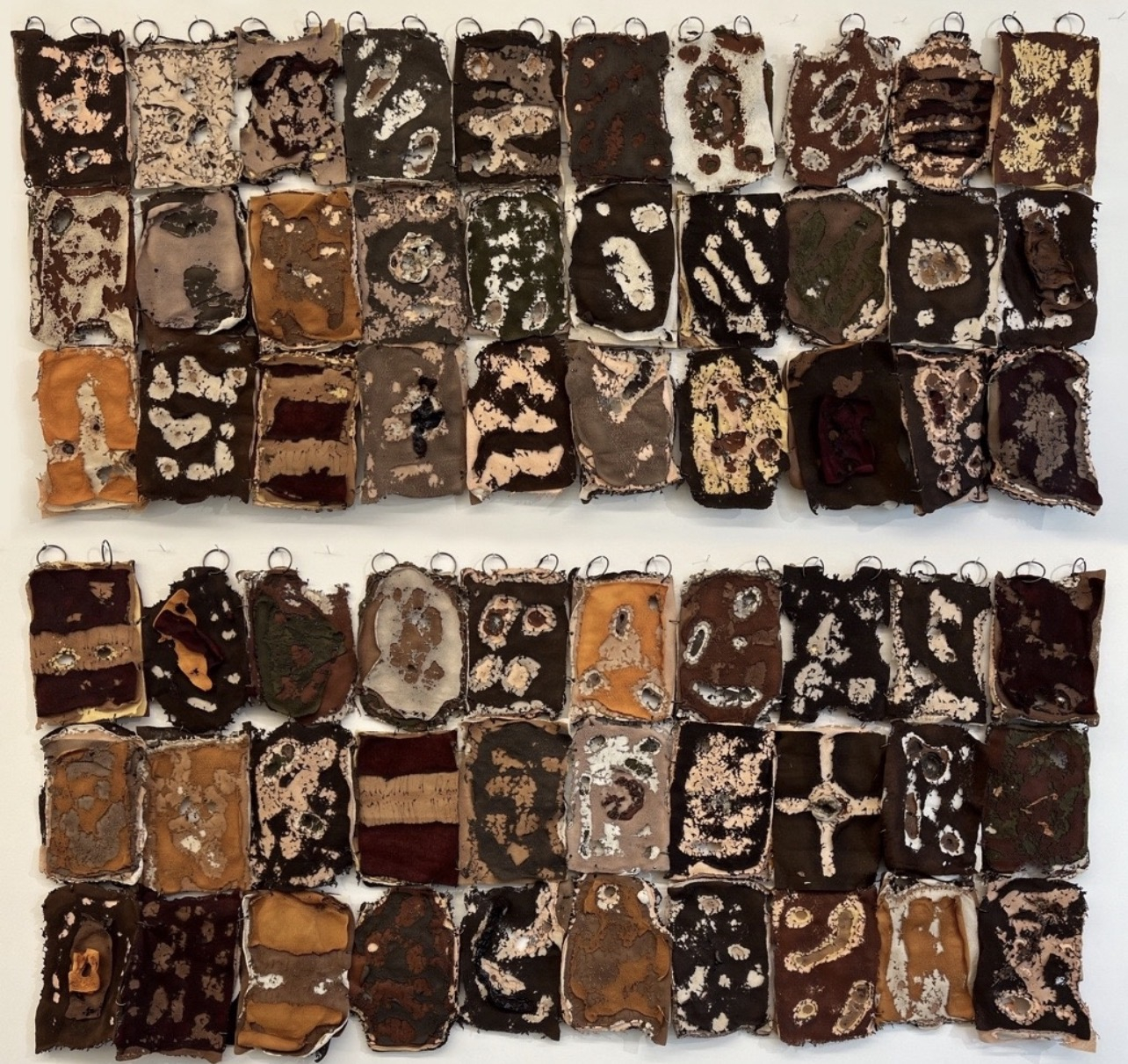 Star Smart: A Forest Born of Reinvention | ArtTour International Two arrangements of repeated earth-toned fiber panels with irregular edges and pale cellular markings.