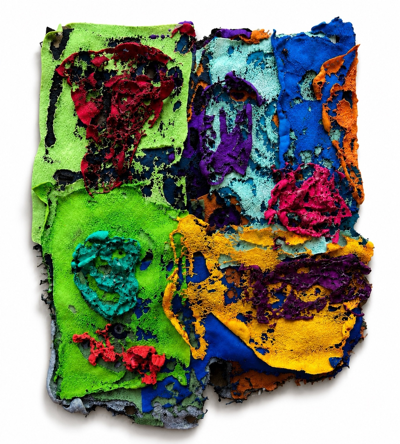 Star Smart: A Forest Born of Reinvention | ArtTour International A colorful fiber relief with green, turquoise, blue, yellow, red, and purple layered openings and raised forms.