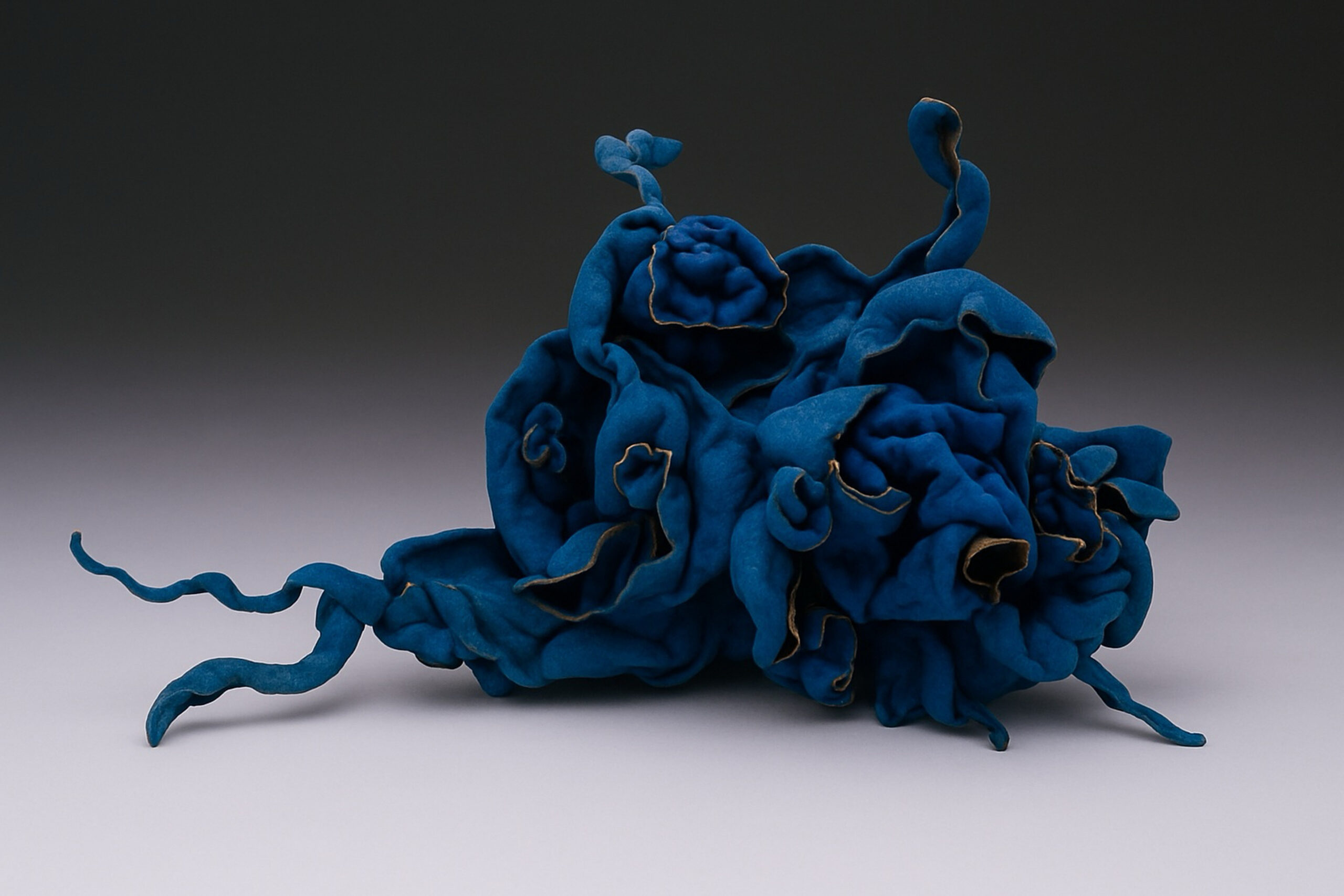 Star Smart: A Forest Born of Reinvention | ArtTour International A deep blue organic fiber assemblage with curled folds, cavities, and slender extensions on a neutral background.