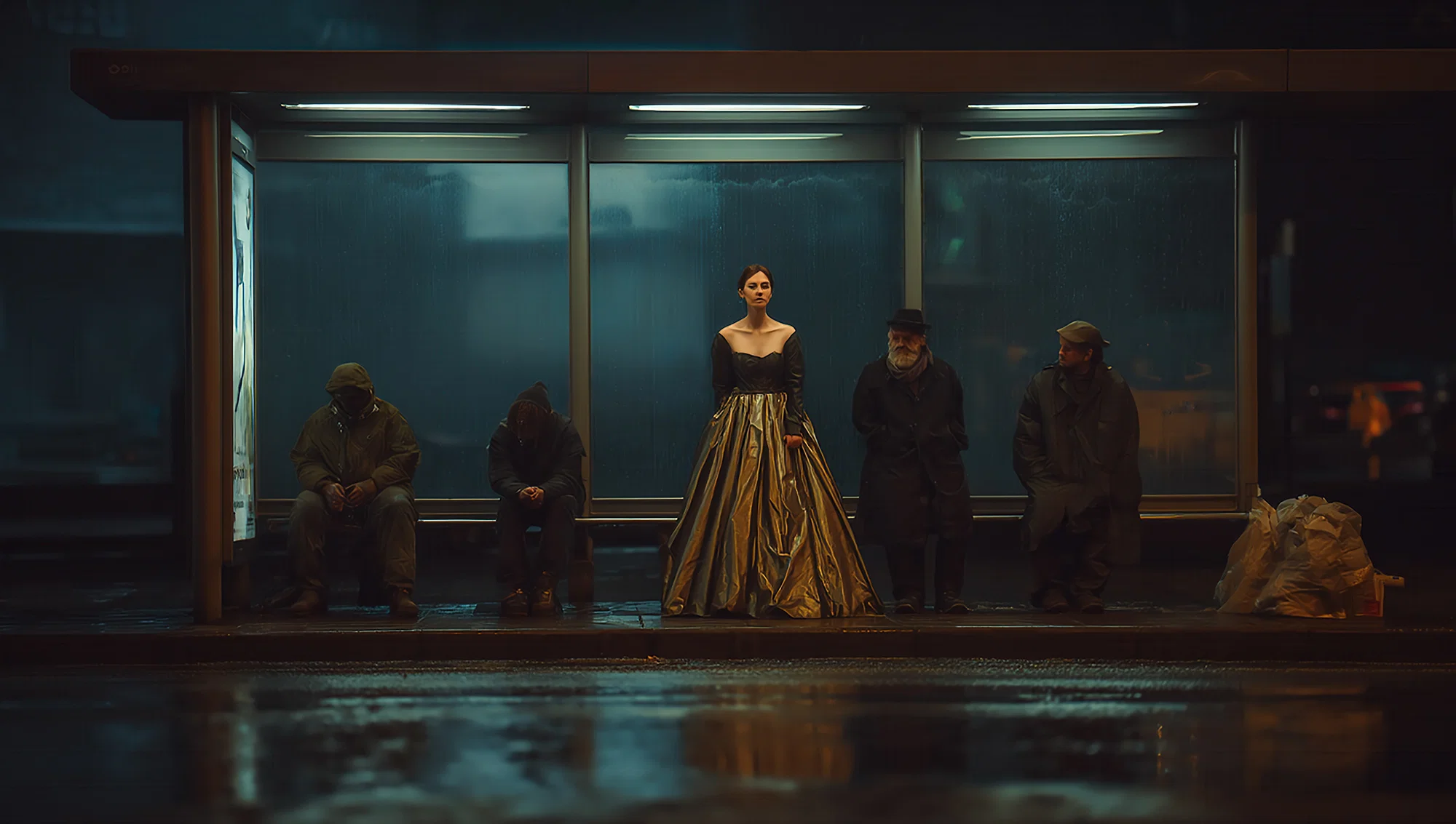 Field: featured image A woman in a gold skirt stands among four dark-clothed figures beneath a lit nighttime shelter, with wet pavement reflecting the scene.